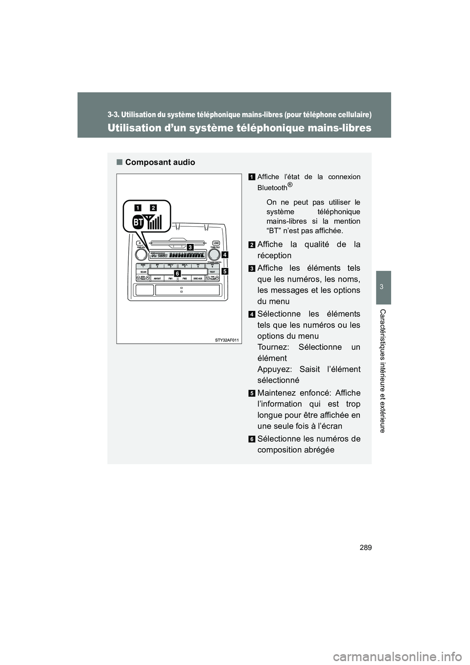 TOYOTA TACOMA 2009 Manuel du propriétaire (in French) 289
3-3. Utilisation du système téléphonique mains-libres (pour téléphone cellulaire)
3
Caractéristiques intérieure et extérieure
TACOMA_D_(L/O_0805)
Utilisation d’un système téléphonique TOYOTA TACOMA 2009 Manuel du propriétaire (in French) 289
3-3. Utilisation du système téléphonique mains-libres (pour téléphone cellulaire)
3
Caractéristiques intérieure et extérieure
TACOMA_D_(L/O_0805)
Utilisation d’un système téléphonique