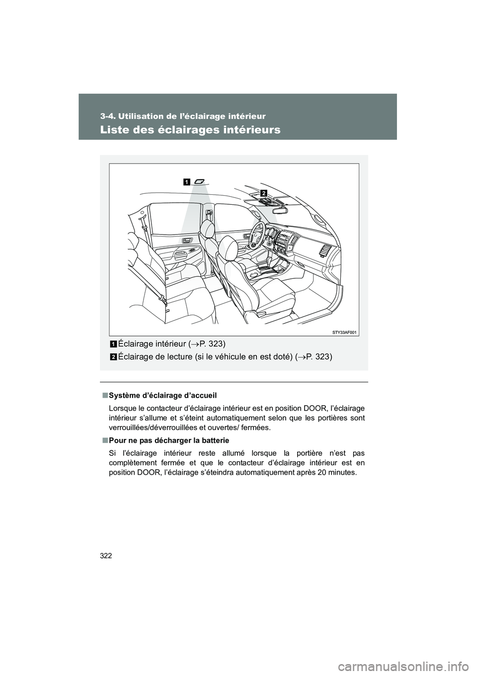 TOYOTA TACOMA 2009  Manuel du propriétaire (in French) 322
TACOMA_D_(L/O_0805)
3-4. Utilisation de l’éclairage intérieur
Liste des éclairages intérieurs
■Système d’éclairage d’accueil
Lorsque le contacteur d’éclairage intérieur est en po