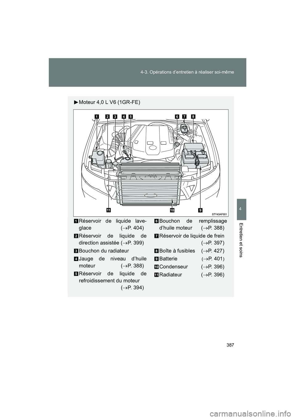 TOYOTA TACOMA 2009 Manuel du propriétaire (in French) 387
4-3. Opérations d’entretien à réaliser soi-même
4
Entretien et soins
TACOMA_D_(L/O_0805)
Moteur 4,0 L V6 (1GR-FE)
Réservoir de liquide lave-
glace
(→ P. 404)
Réservoir de liquide de
dire TOYOTA TACOMA 2009 Manuel du propriétaire (in French) 387
4-3. Opérations d’entretien à réaliser soi-même
4
Entretien et soins
TACOMA_D_(L/O_0805)
Moteur 4,0 L V6 (1GR-FE)
Réservoir de liquide lave-
glace
(→ P. 404)
Réservoir de liquide de
dire