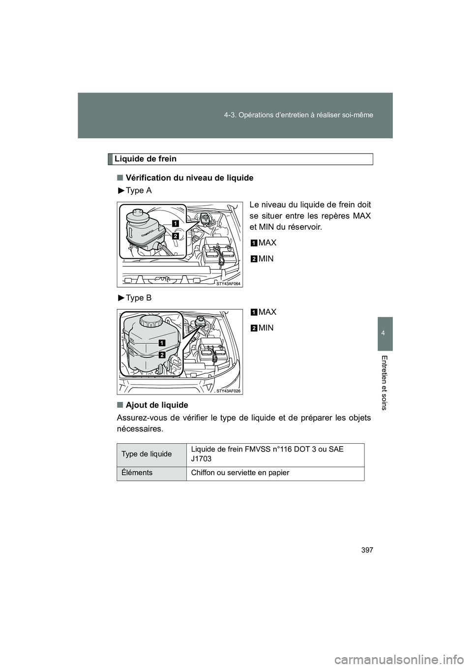 TOYOTA TACOMA 2009  Manuel du propriétaire (in French) 397
4-3. Opérations d’entretien à réaliser soi-même
4
Entretien et soins
TACOMA_D_(L/O_0805)
Liquide de frein
■ Vérification du niveau de liquide
Type A
Le niveau du liquide de frein doit
se 