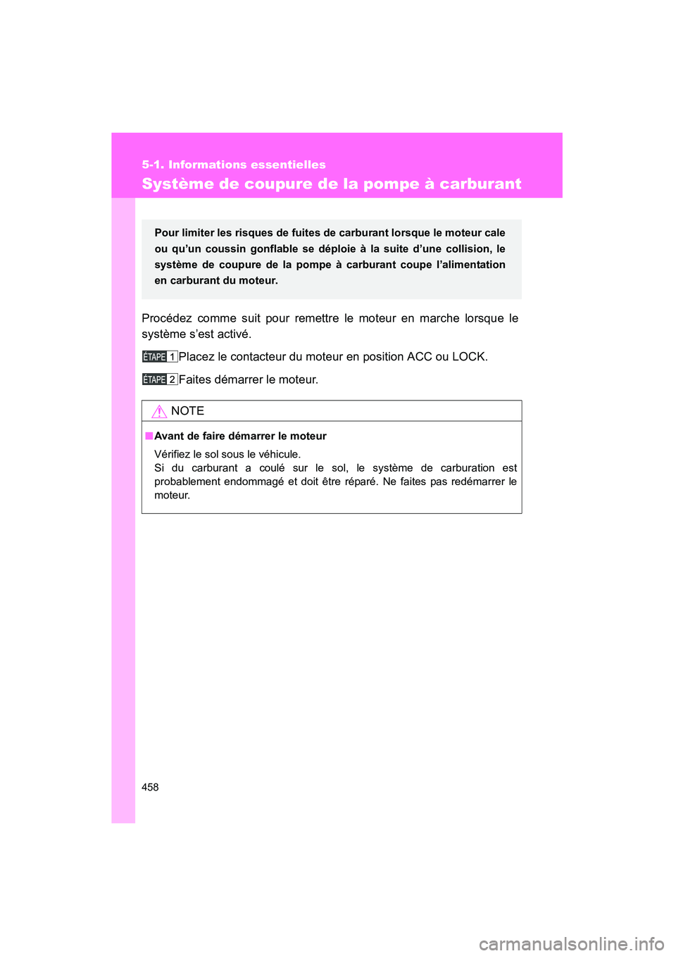 TOYOTA TACOMA 2009  Manuel du propriétaire (in French) 458
5-1. Informations essentielles
TACOMA_D_(L/O_0805)
Système de coupure de la pompe à carburant
Procédez comme suit pour remettre le moteur en marche lorsque le
système s’est activé.Placez le