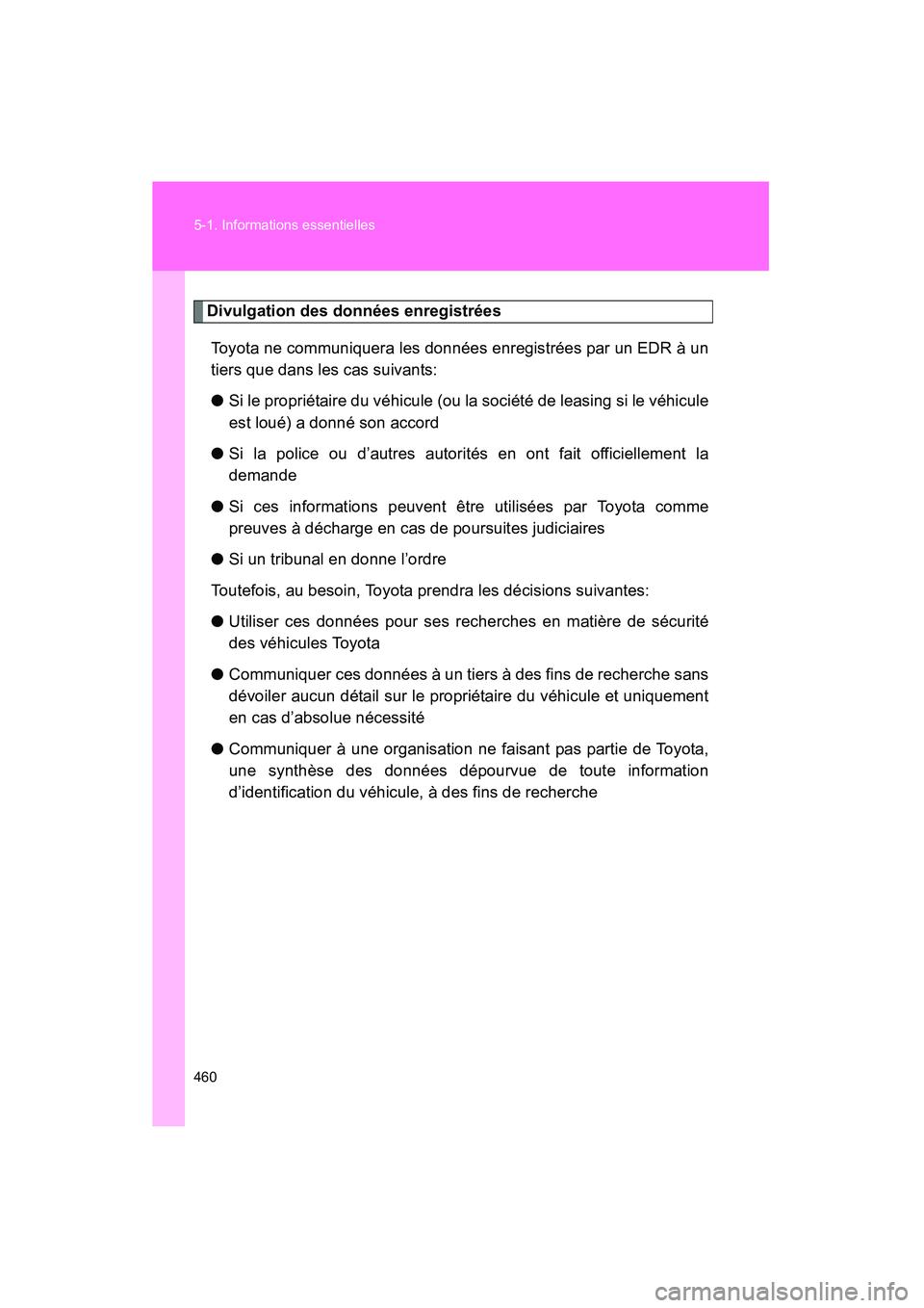 TOYOTA TACOMA 2009 Manuel du propriétaire (in French) 460 5-1. Informations essentielles
TACOMA_D_(L/O_0805)
Divulgation des données enregistréesToyota ne communiquera les données enregistrées par un EDR à un
tiers que dans les cas suivants:
● Si TOYOTA TACOMA 2009 Manuel du propriétaire (in French) 460 5-1. Informations essentielles
TACOMA_D_(L/O_0805)
Divulgation des données enregistréesToyota ne communiquera les données enregistrées par un EDR à un
tiers que dans les cas suivants:
● Si