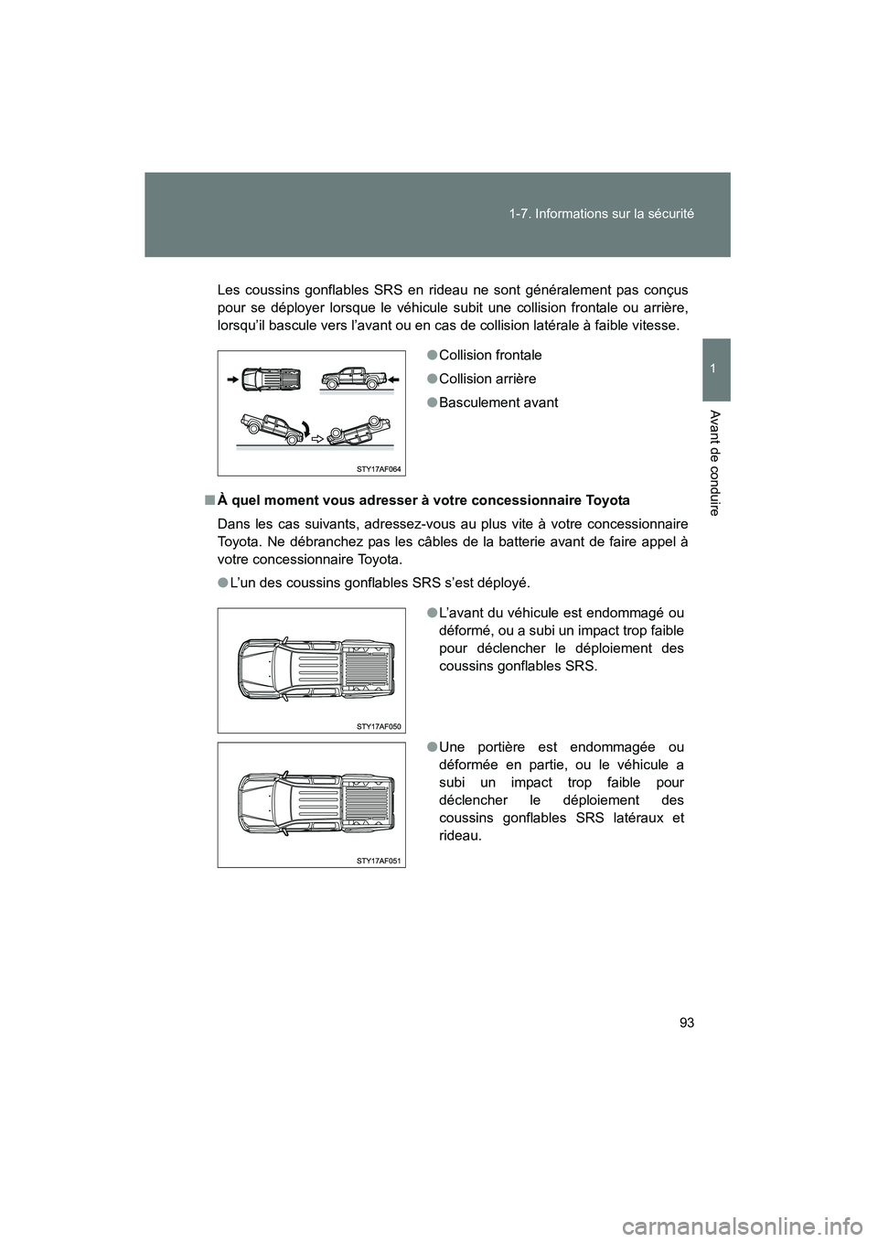 TOYOTA TACOMA 2009  Manuel du propriétaire (in French) 93
1-7. Informations sur la sécurité
1
Avant de conduire
TACOMA_D_(L/O_0805)
Les coussins gonflables SRS en rideau ne sont généralement pas conçus
pour se déployer lorsque le véhicule subit une