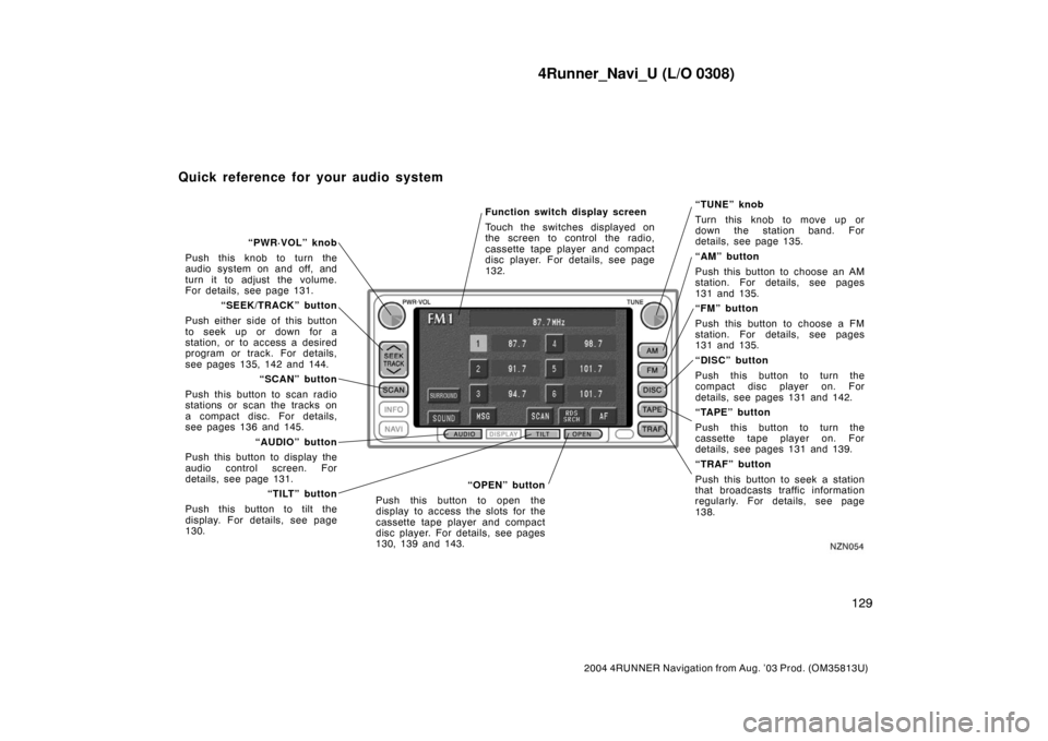 TOYOTA 4RUNNER 2004 N210 / 4.G Navigation Manual 4Runner_Navi_U (L/O 0308)
129
2004 4RUNNER Navigation from Aug. ’03 Prod. (OM35813U)
Function switch display screen
Touch the switches displayed on
the screen to control the radio,
cassette tape pla