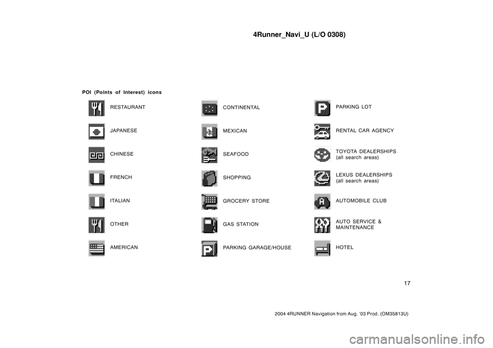 TOYOTA 4RUNNER 2004 N210 / 4.G Navigation Manual 4Runner_Navi_U (L/O 0308)
17
2004 4RUNNER Navigation from Aug. ’03 Prod. (OM35813U)
POI (Points of Interest) icons
RESTAURANT
JAPANESE
CHINESE
FRENCH
ITALIAN
OTHER
AMERICAN
CONTINENTAL
MEXICAN
SEAFO