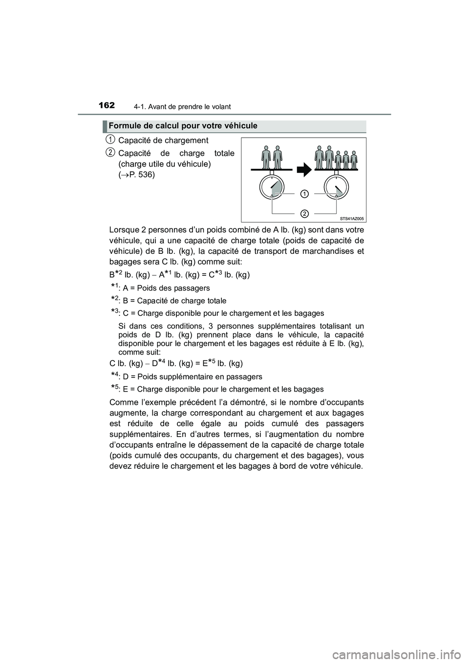 TOYOTA TUNDRA 2017  Manuel du propriétaire (in French) 1624-1. Avant de prendre le volant
TUNDRA_OM_USA_OM34594D_17MY
Capacité de chargement
Capacité de charge totale
(charge utile du véhicule) 
(P. 536)
Lorsque 2 personnes d’un poids combiné de 