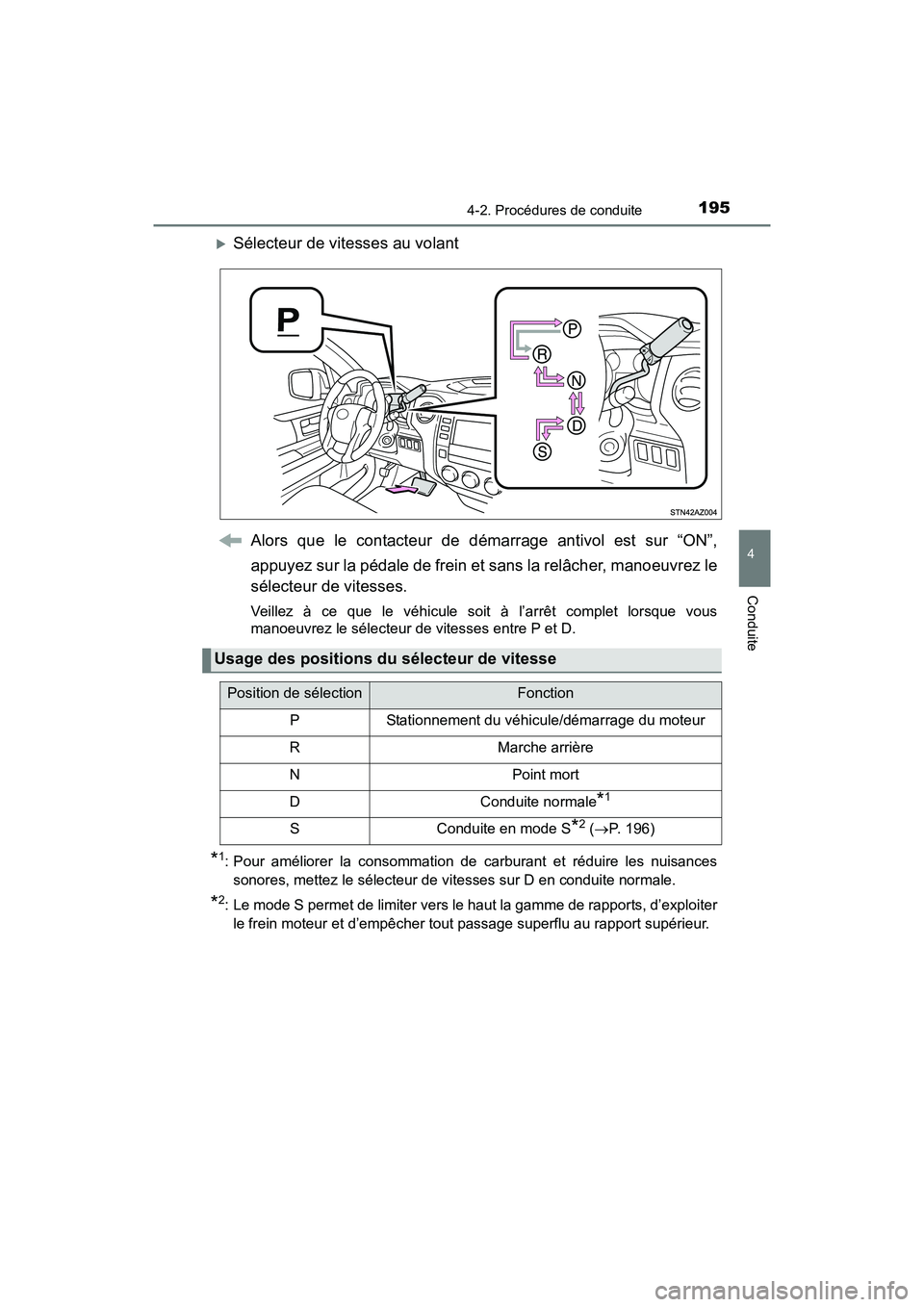 TOYOTA TUNDRA 2017 Manuel du propriétaire (in French) 1954-2. Procédures de conduite
4
Conduite
TUNDRA_OM_USA_OM34594D_17MY
Sélecteur de vitesses au volantAlors que le contacteur de démarrage antivol est sur “ON”,
appuyez sur la pédale de frei TOYOTA TUNDRA 2017 Manuel du propriétaire (in French) 1954-2. Procédures de conduite
4
Conduite
TUNDRA_OM_USA_OM34594D_17MY
Sélecteur de vitesses au volantAlors que le contacteur de démarrage antivol est sur “ON”,
appuyez sur la pédale de frei
