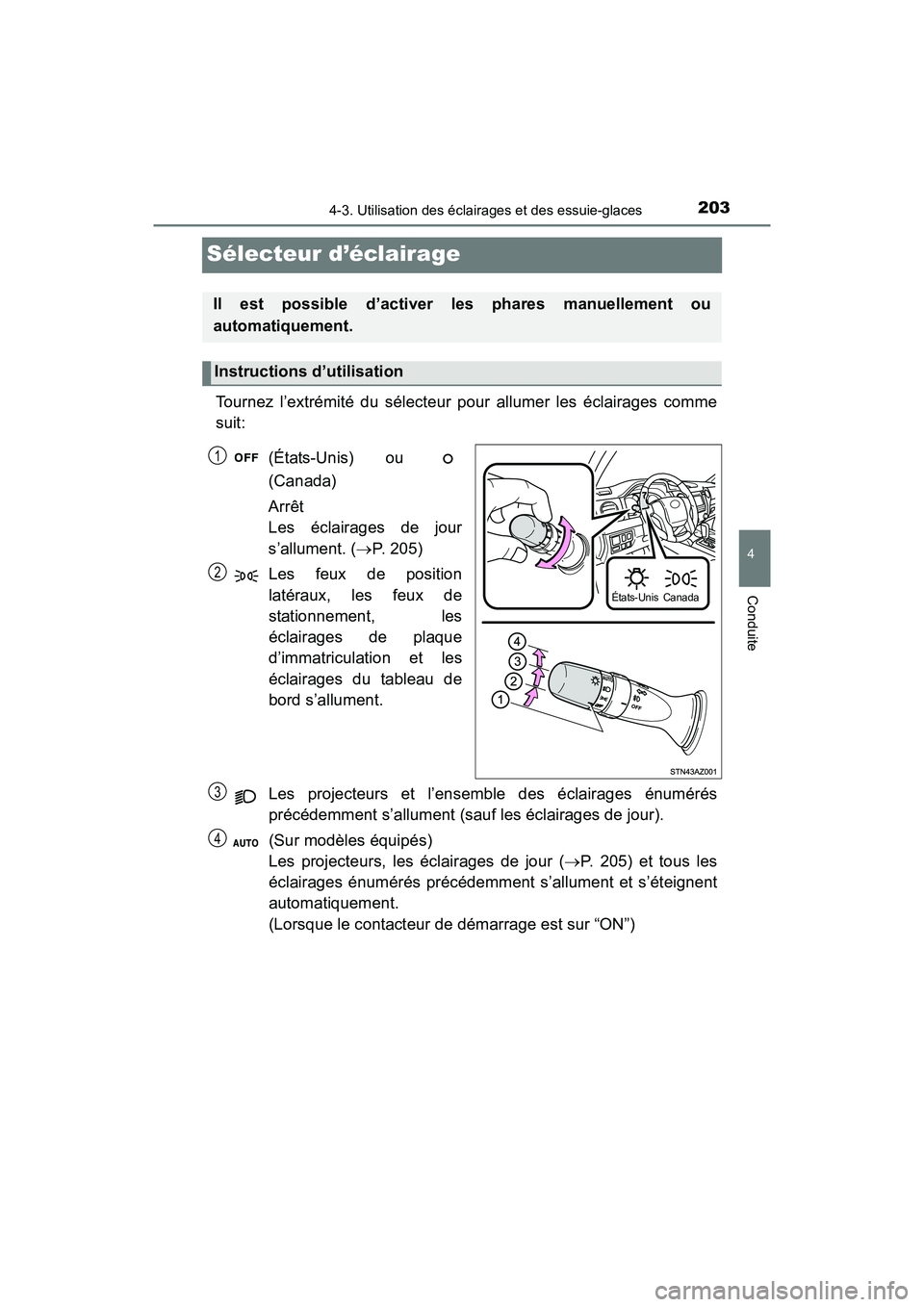 TOYOTA TUNDRA 2017 Manuel du propriétaire (in French) 2034-3. Utilisation des éclairages et des essuie-glaces
4
Conduite
TUNDRA_OM_USA_OM34594D_17MY
Sélecteur d’éclairage
Tournez l’extrémité du sélecteur pour allumer les éclairages comme
suit: TOYOTA TUNDRA 2017 Manuel du propriétaire (in French) 2034-3. Utilisation des éclairages et des essuie-glaces
4
Conduite
TUNDRA_OM_USA_OM34594D_17MY
Sélecteur d’éclairage
Tournez l’extrémité du sélecteur pour allumer les éclairages comme
suit: