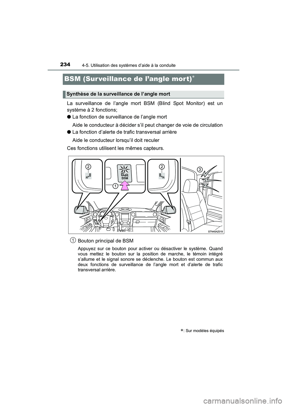 TOYOTA TUNDRA 2017  Manuel du propriétaire (in French) 2344-5. Utilisation des systèmes d’aide à la conduite
TUNDRA_OM_USA_OM34594D_17MY
BSM (Sur veillance de l’angle mor t)
La surveillance de l’angle mort BSM (Blind Spot Monitor) est un
systè
