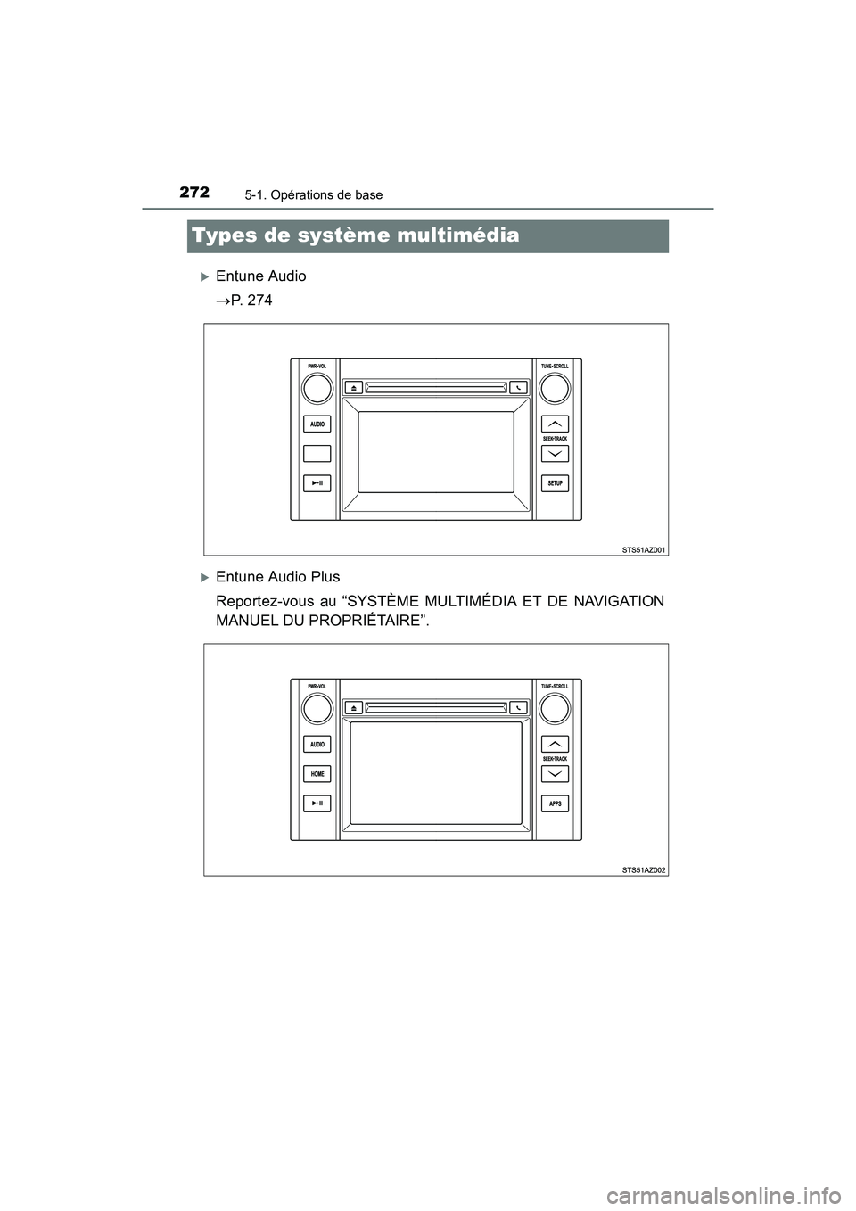 TOYOTA TUNDRA 2017 Manuel du propriétaire (in French) 2725-1. Opérations de base
TUNDRA_OM_USA_OM34594D_17MY
Types de système multimédia
Entune Audio
P. 2 7 4
Entune Audio Plus
Reportez-vous au “SYSTÈME MULTIMÉDIA ET DE NAVIGATION
MANUEL TOYOTA TUNDRA 2017 Manuel du propriétaire (in French) 2725-1. Opérations de base
TUNDRA_OM_USA_OM34594D_17MY
Types de système multimédia
Entune Audio
P. 2 7 4
Entune Audio Plus
Reportez-vous au “SYSTÈME MULTIMÉDIA ET DE NAVIGATION
MANUEL