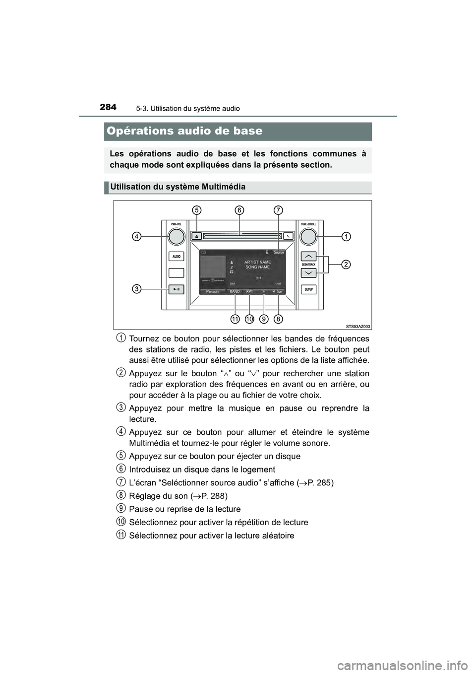 TOYOTA TUNDRA 2017  Manuel du propriétaire (in French) 2845-3. Utilisation du système audio
TUNDRA_OM_USA_OM34594D_17MY
Opérations audio de base
Tournez ce bouton pour sélectionner les bandes de fréquences
des stations de radio, les pistes et les fich