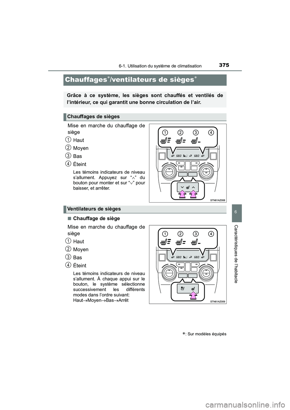 TOYOTA TUNDRA 2017 Manuel du propriétaire (in French) 3756-1. Utilisation du système de climatisation
6
Caractéristiques de l’habitacle
TUNDRA_OM_USA_OM34594D_17MY
Chauffages/ventilateurs de sièges
Mise en marche du chauffage de
siègeHaut
Moy TOYOTA TUNDRA 2017 Manuel du propriétaire (in French) 3756-1. Utilisation du système de climatisation
6
Caractéristiques de l’habitacle
TUNDRA_OM_USA_OM34594D_17MY
Chauffages/ventilateurs de sièges
Mise en marche du chauffage de
siègeHaut
Moy