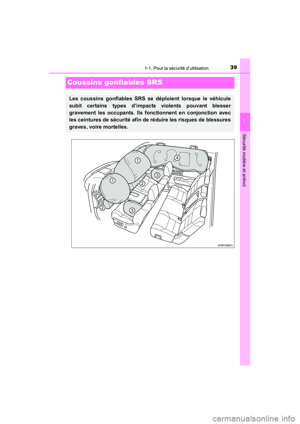 TOYOTA TUNDRA 2017  Manuel du propriétaire (in French) 391-1. Pour la sécurité d’utilisation
1
Sécurité routière et antivol
TUNDRA_OM_USA_OM34594D_17MY
Coussins gonflables SRS
Les coussins gonflables SRS se déploient lorsque le véhicule
subit cer