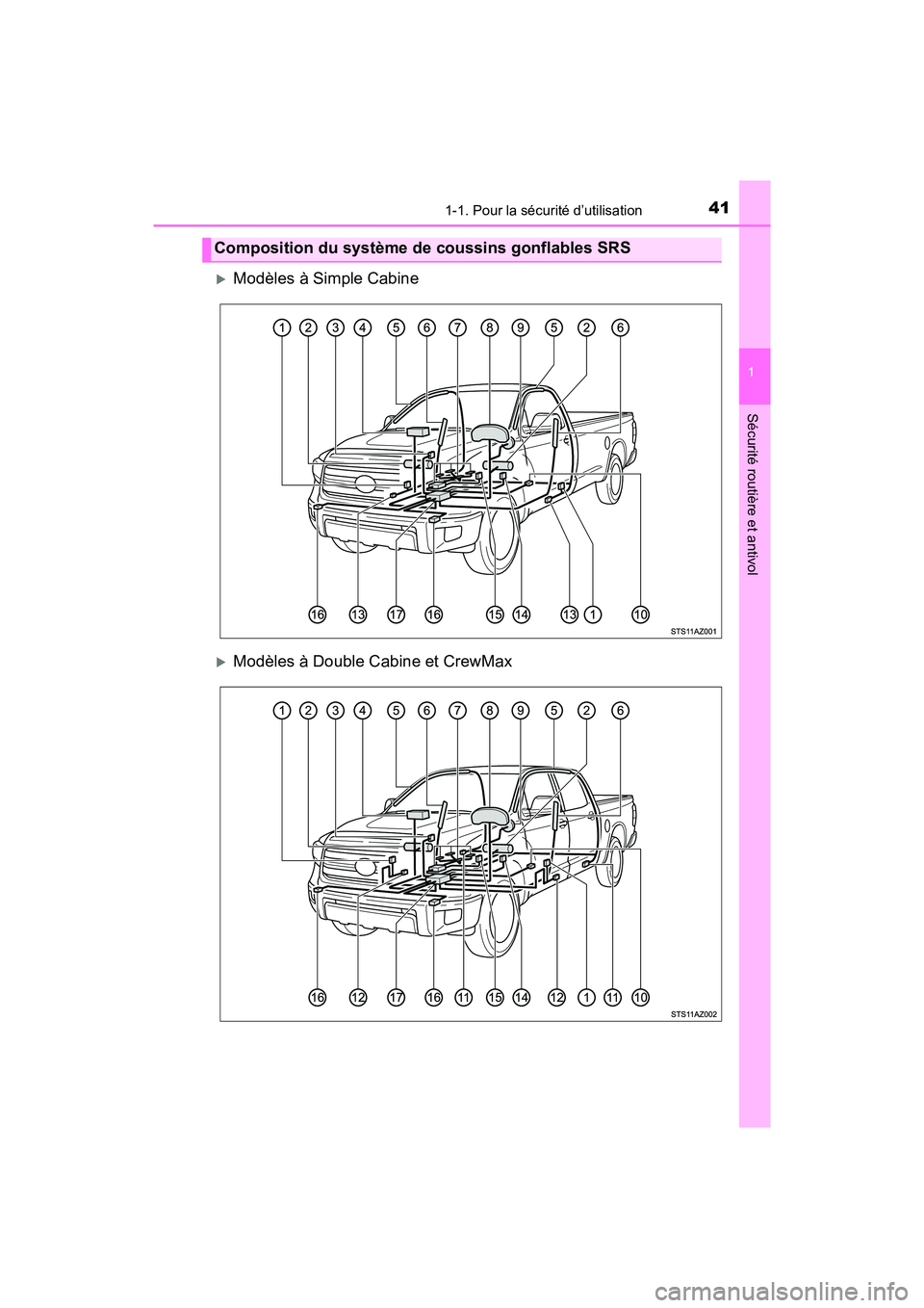 TOYOTA TUNDRA 2017  Manuel du propriétaire (in French) 411-1. Pour la sécurité d’utilisation
1
Sécurité routière et antivol
TUNDRA_OM_USA_OM34594D_17MY
Modèles à Simple Cabine
Modèles à Double Cabine et CrewMax
Composition du système de 