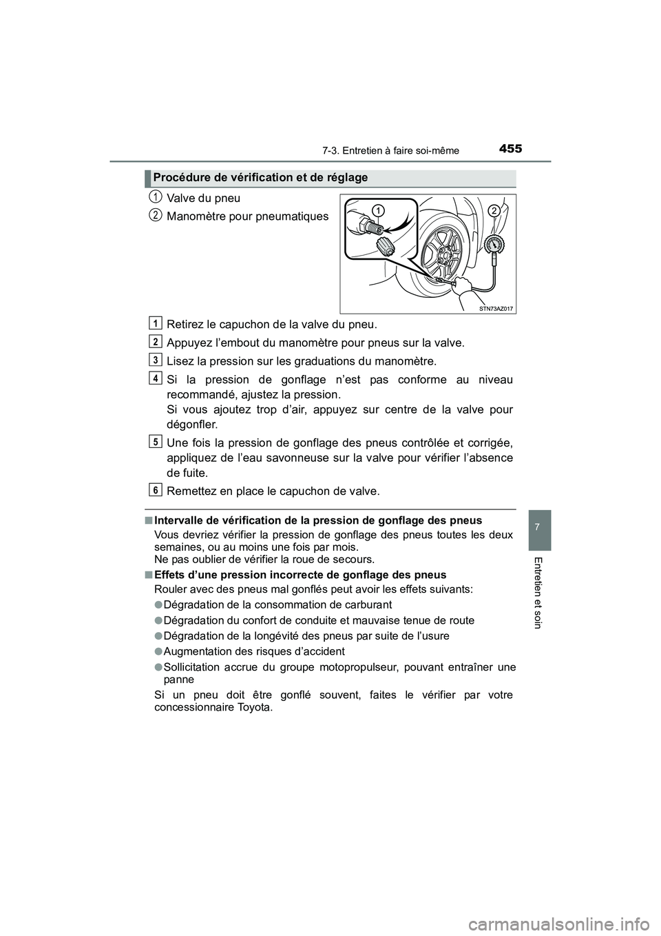 TOYOTA TUNDRA 2017 Manuel du propriétaire (in French) 4557-3. Entretien à faire soi-même
7
Entretien et soin
TUNDRA_OM_USA_OM34594D_17MY
Valve du pneu
Manomètre pour pneumatiques
Retirez le capuchon de la valve du pneu.
Appuyez l’embout du manomètr TOYOTA TUNDRA 2017 Manuel du propriétaire (in French) 4557-3. Entretien à faire soi-même
7
Entretien et soin
TUNDRA_OM_USA_OM34594D_17MY
Valve du pneu
Manomètre pour pneumatiques
Retirez le capuchon de la valve du pneu.
Appuyez l’embout du manomètr