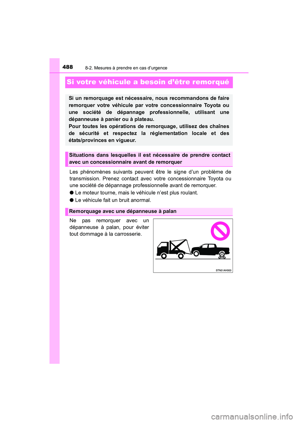 TOYOTA TUNDRA 2017  Manuel du propriétaire (in French) 4888-2. Mesures à prendre en cas d’urgence
TUNDRA_OM_USA_OM34594D_17MY
Si votre véhicule a besoin d’être remorqué
Les phénomènes suivants peuvent être le signe d’un problème de
transmiss