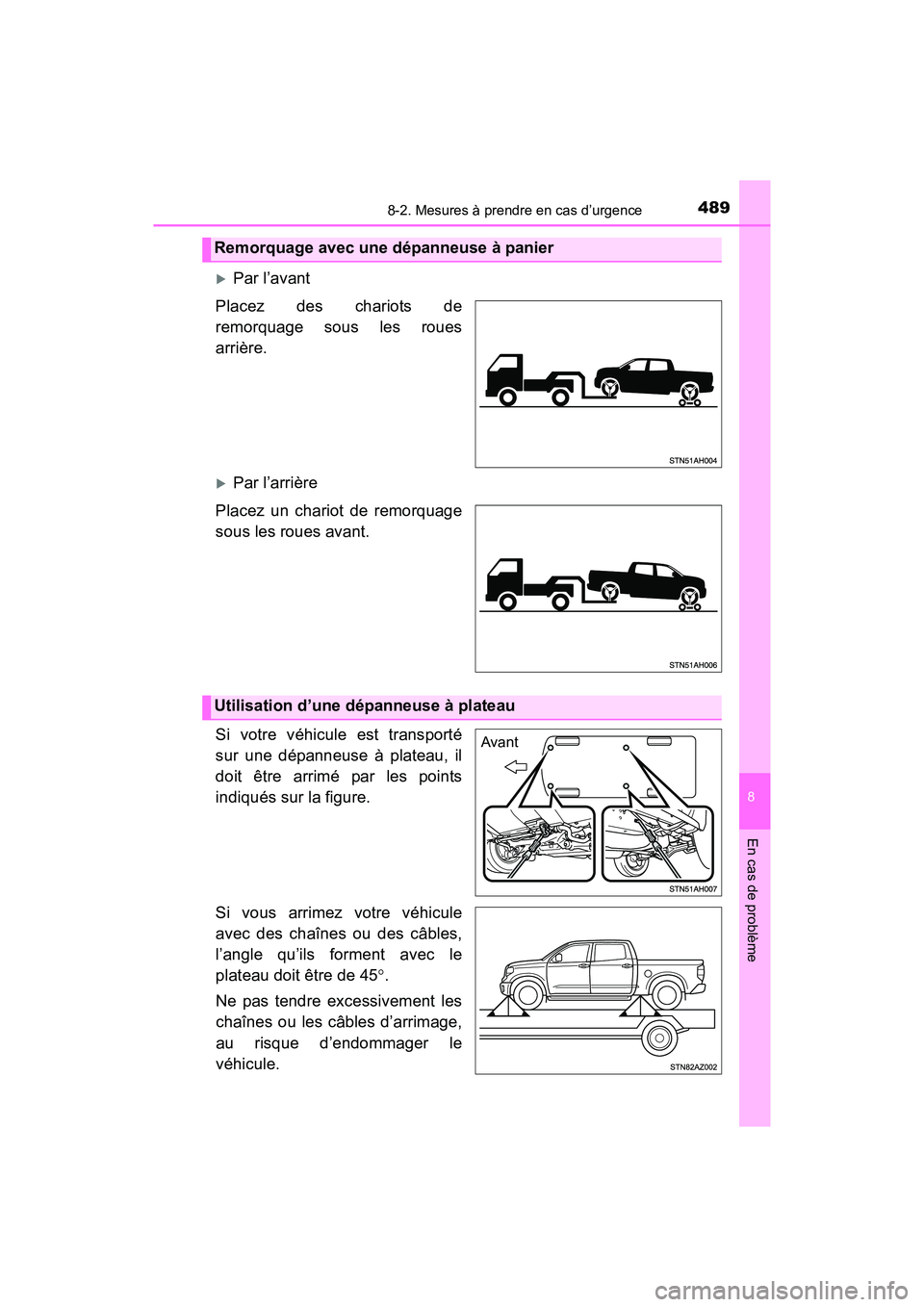 TOYOTA TUNDRA 2017  Manuel du propriétaire (in French) 4898-2. Mesures à prendre en cas d’urgence
8
En cas de problème
TUNDRA_OM_USA_OM34594D_17MY
Par l’avant
Placez des chariots de
remorquage sous les roues
arrière.
Par l’arrière
Placez u