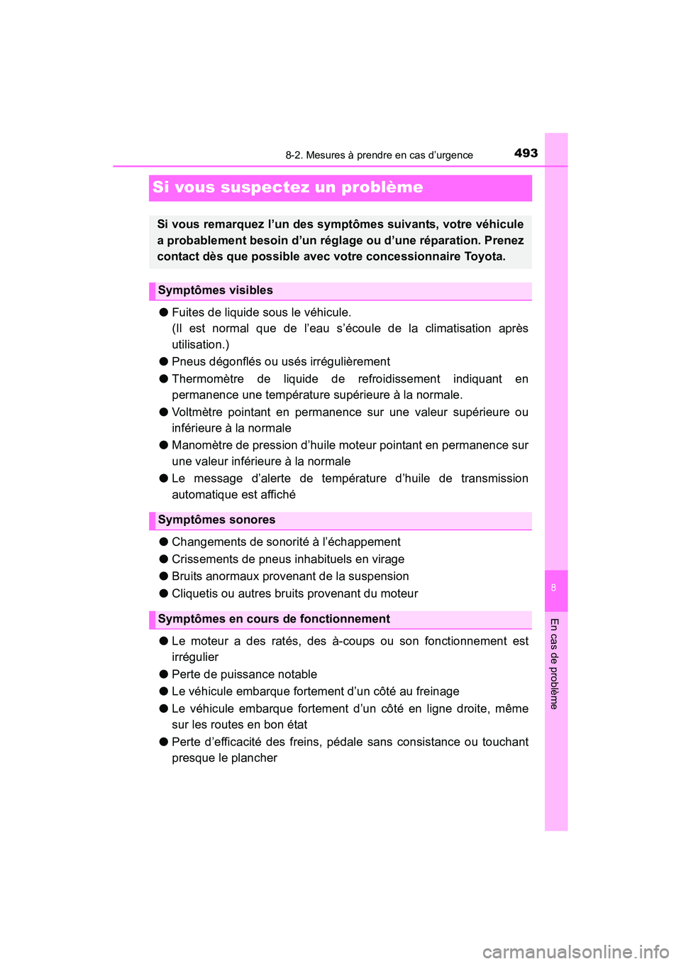 TOYOTA TUNDRA 2017  Manuel du propriétaire (in French) 493
8
En cas de problème
8-2. Mesures à prendre en cas d’urgence
TUNDRA_OM_USA_OM34594D_17MY
Si vous suspectez un problème
●Fuites de liquide sous le véhicule.
(Il est normal que de l’eau s