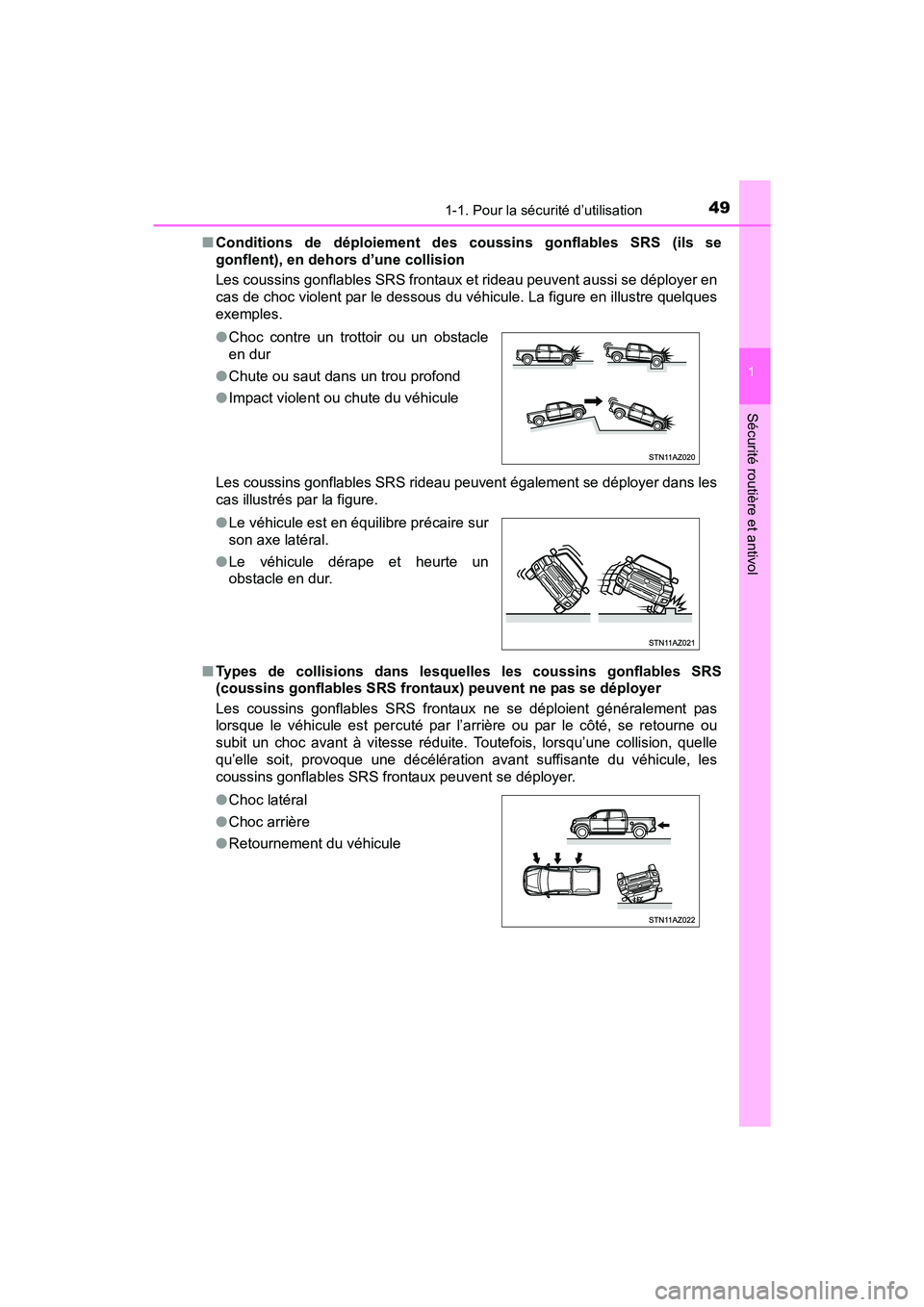 TOYOTA TUNDRA 2017 Manuel du propriétaire (in French) 491-1. Pour la sécurité d’utilisation
1
Sécurité routière et antivol
TUNDRA_OM_USA_OM34594D_17MY■
Conditions de déploiement des coussins gonflables SRS (ils se
gonflent), en dehors d’une c TOYOTA TUNDRA 2017 Manuel du propriétaire (in French) 491-1. Pour la sécurité d’utilisation
1
Sécurité routière et antivol
TUNDRA_OM_USA_OM34594D_17MY■
Conditions de déploiement des coussins gonflables SRS (ils se
gonflent), en dehors d’une c