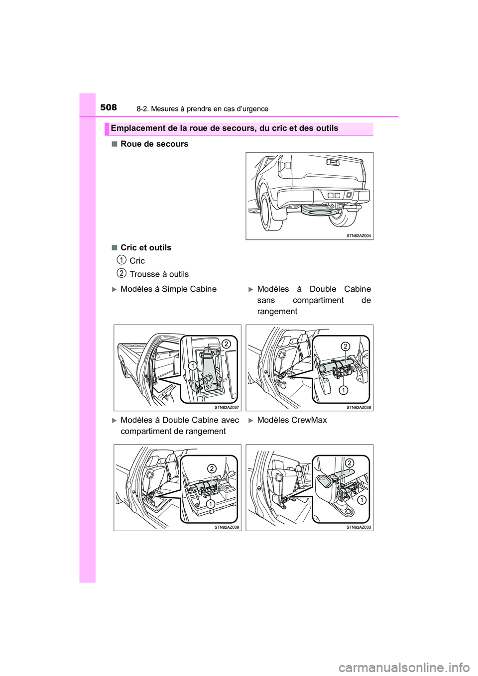 TOYOTA TUNDRA 2017 Manuel du propriétaire (in French) 5088-2. Mesures à prendre en cas d’urgence
TUNDRA_OM_USA_OM34594D_17MY■
Roue de secours
■Cric et outils
Cric
Trousse à outils
Emplacement de la roue de secours, du cric et des outils
1
2
Mo TOYOTA TUNDRA 2017 Manuel du propriétaire (in French) 5088-2. Mesures à prendre en cas d’urgence
TUNDRA_OM_USA_OM34594D_17MY■
Roue de secours
■Cric et outils
Cric
Trousse à outils
Emplacement de la roue de secours, du cric et des outils
1
2
Mo