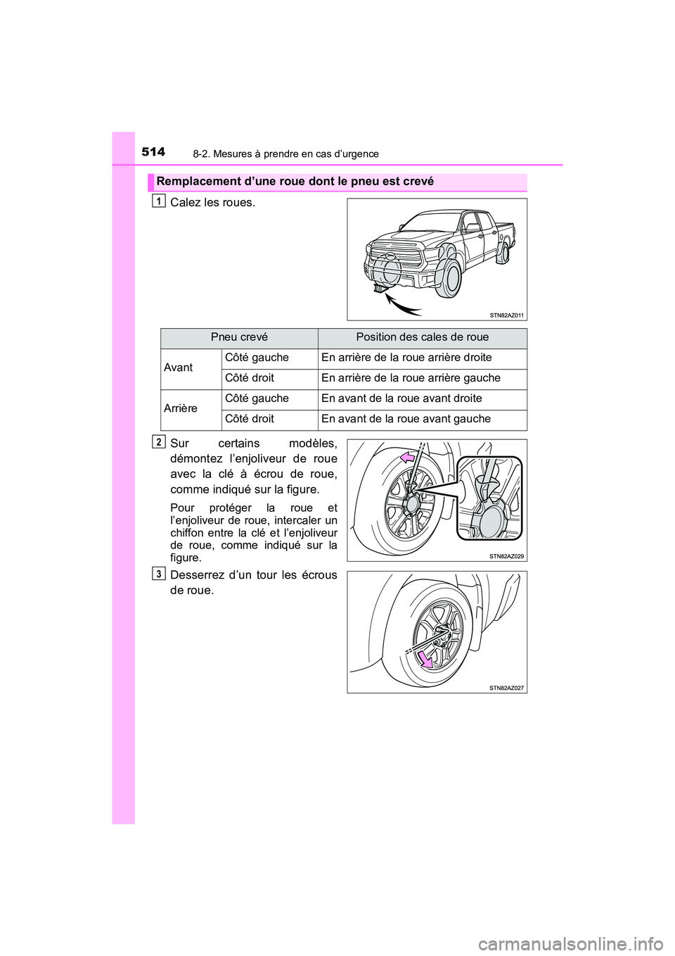 TOYOTA TUNDRA 2017  Manuel du propriétaire (in French) 5148-2. Mesures à prendre en cas d’urgence
TUNDRA_OM_USA_OM34594D_17MY
Calez les roues.
Sur certains modèles,
démontez l’enjoliveur de roue
avec la clé à écrou de roue,
comme indiqué sur la