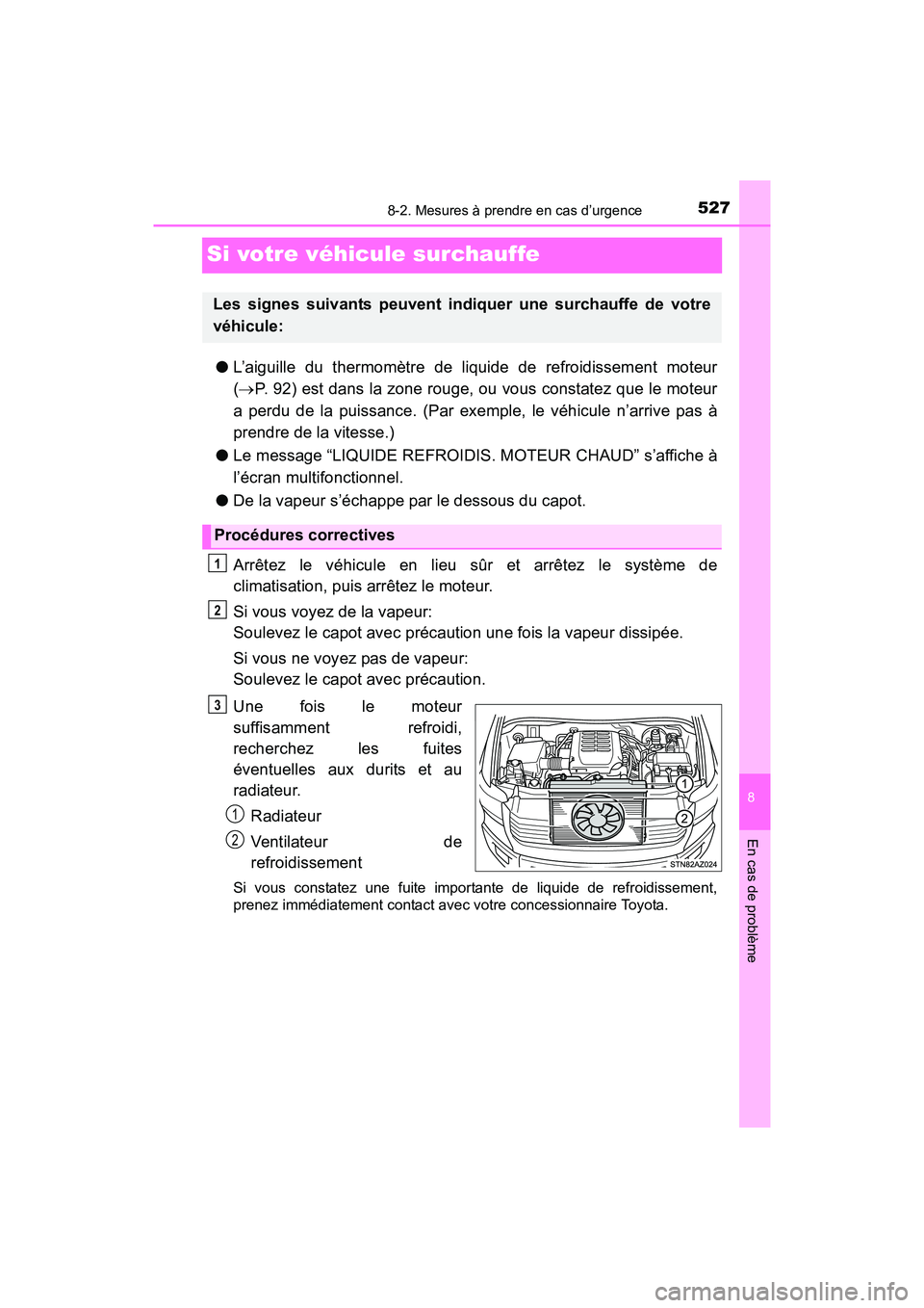 TOYOTA TUNDRA 2017  Manuel du propriétaire (in French) 527
8
En cas de problème
8-2. Mesures à prendre en cas d’urgence
TUNDRA_OM_USA_OM34594D_17MY
Si votre véhicule surchauffe
●L’aiguille du thermomètre de liquide de refroidissement moteur
(