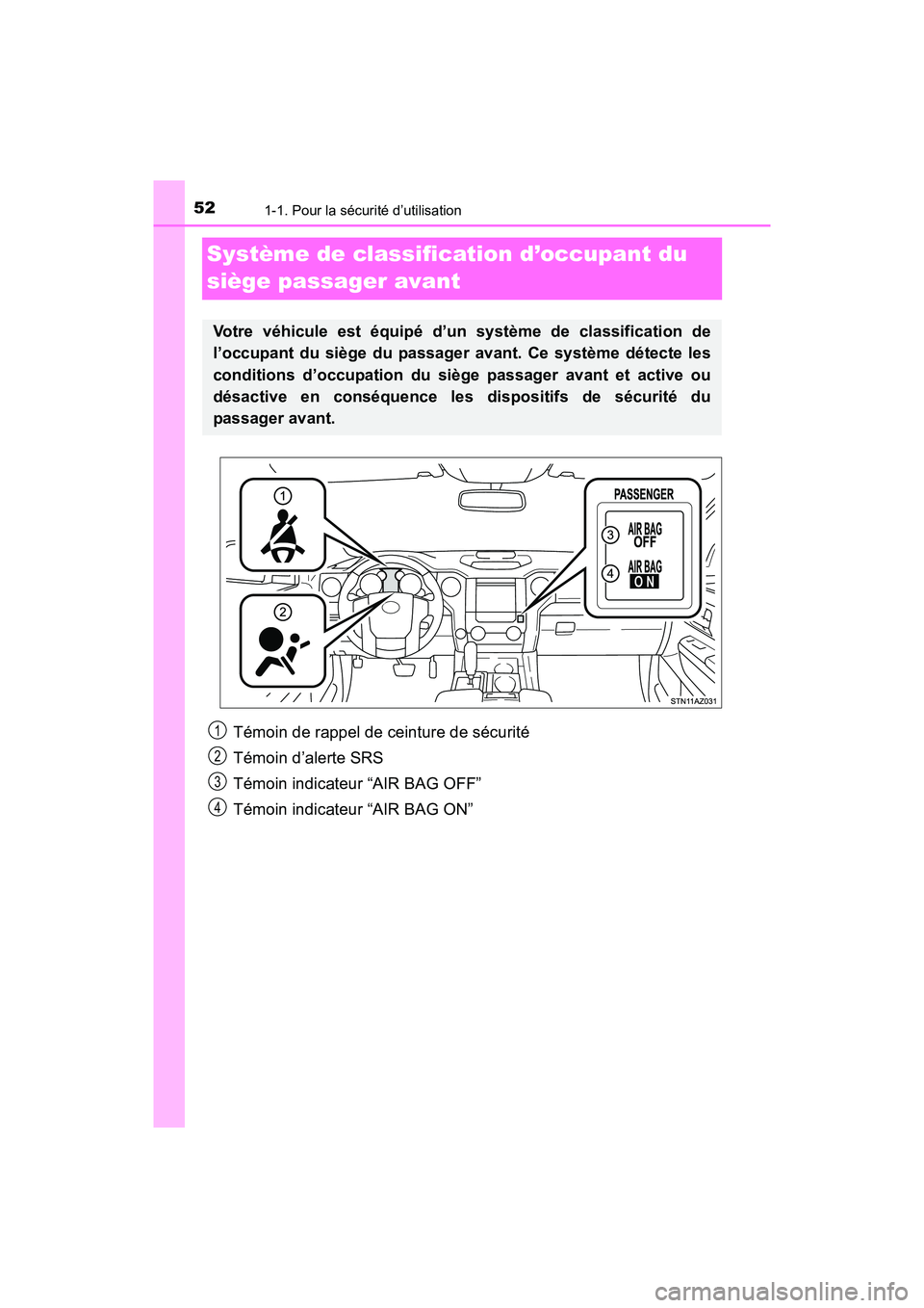 TOYOTA TUNDRA 2017 Manuel du propriétaire (in French) 521-1. Pour la sécurité d’utilisation
TUNDRA_OM_USA_OM34594D_17MY
Système de classification d’occupant du
siège passager avant
Votre véhicule est équipé d’un système de classification d TOYOTA TUNDRA 2017 Manuel du propriétaire (in French) 521-1. Pour la sécurité d’utilisation
TUNDRA_OM_USA_OM34594D_17MY
Système de classification d’occupant du
siège passager avant
Votre véhicule est équipé d’un système de classification d