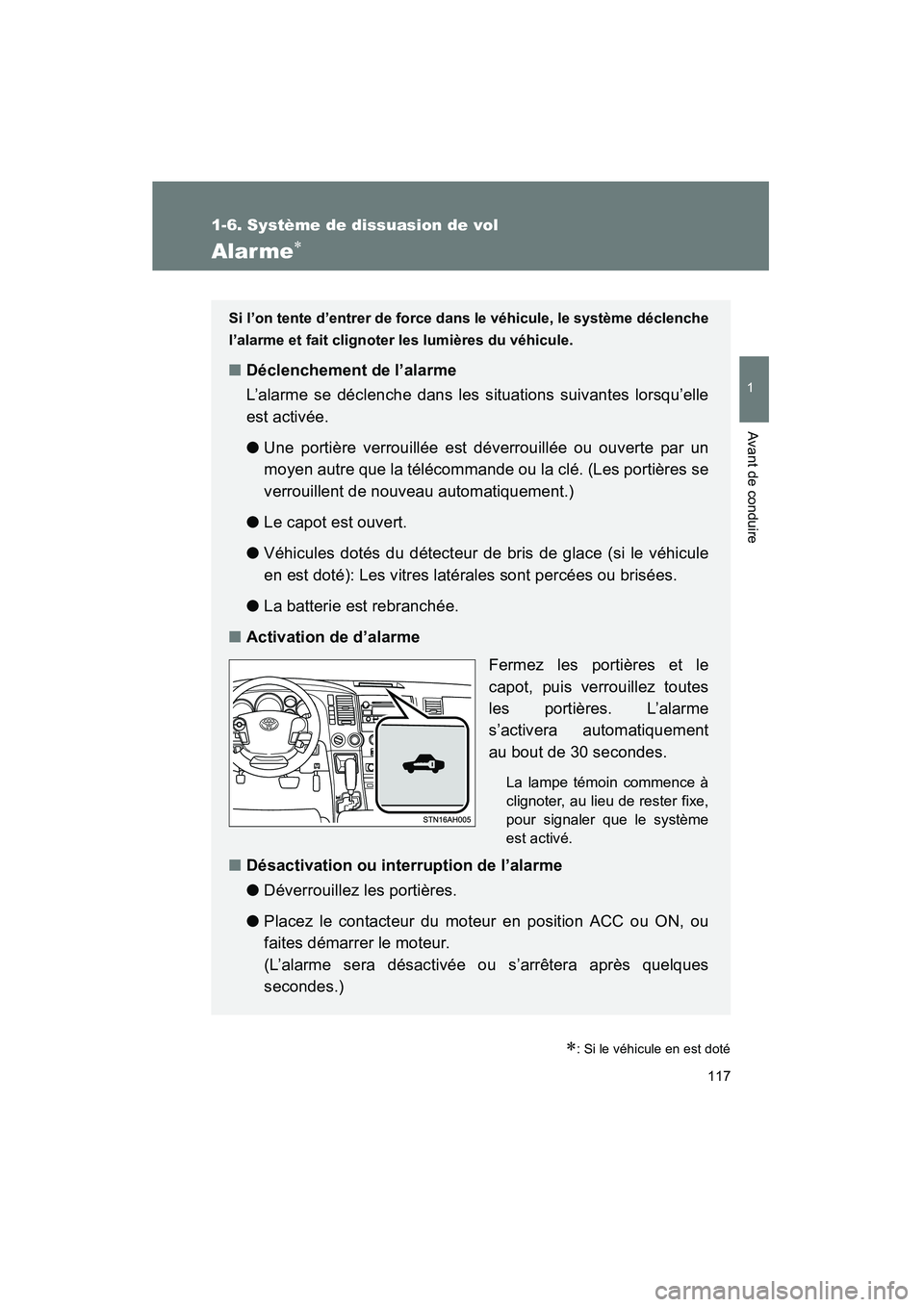 TOYOTA TUNDRA 2011 Manuel du propriétaire (in French) 117
1
1-6. Système de dissuasion de vol
Avant de conduire
TUNDRA_D_34510D
Alarme∗
∗: Si le véhicule en est doté
Si l’on tente d’entrer de force dans le véhicule, le système déclenche
l TOYOTA TUNDRA 2011 Manuel du propriétaire (in French) 117
1
1-6. Système de dissuasion de vol
Avant de conduire
TUNDRA_D_34510D
Alarme∗
∗: Si le véhicule en est doté
Si l’on tente d’entrer de force dans le véhicule, le système déclenche
l