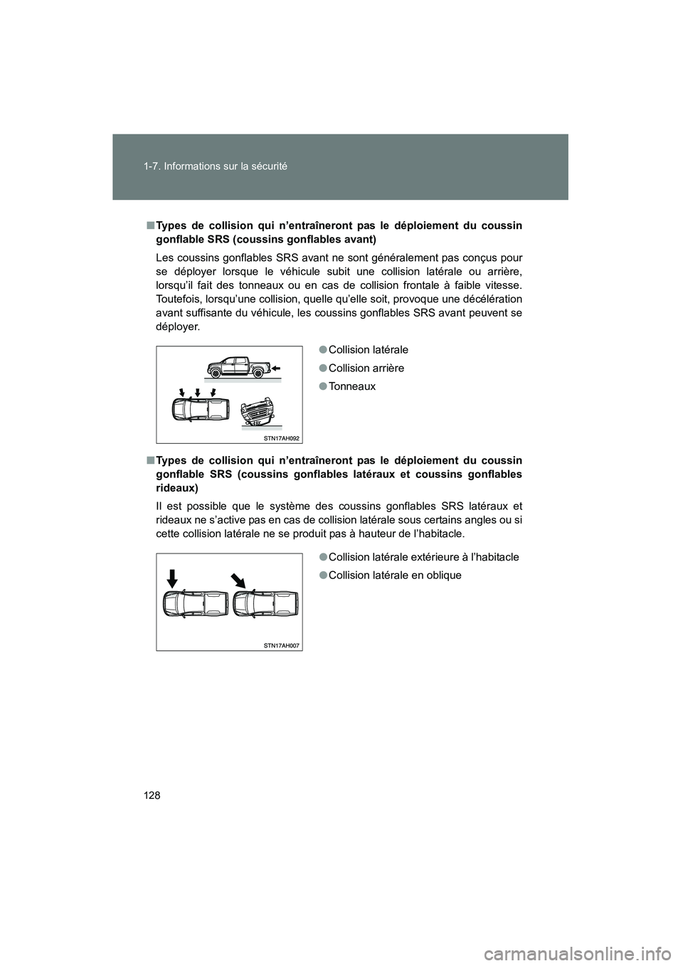 TOYOTA TUNDRA 2011  Manuel du propriétaire (in French) 128 1-7. Informations sur la sécurité
TUNDRA_D_34510D
■Types de collision qui n’entraîneront pas le déploiement du coussin
gonflable SRS (coussins gonflables avant)
Les coussins gonflables SRS