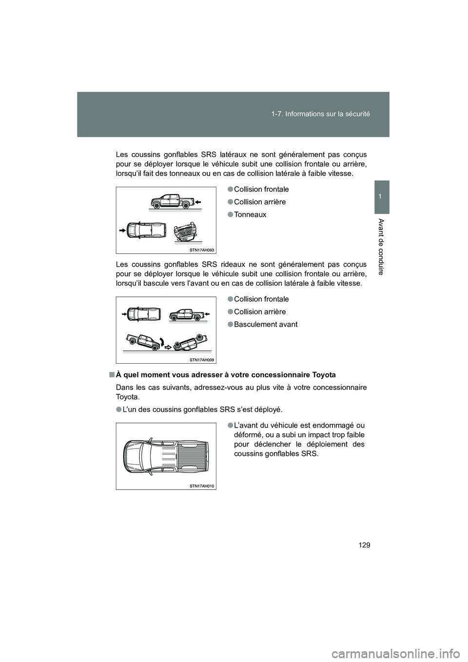 TOYOTA TUNDRA 2011  Manuel du propriétaire (in French) 129
1-7. Informations sur la sécurité
1
Avant de conduire
TUNDRA_D_34510D
Les coussins gonflables SRS latéraux ne sont généralement pas conçus
pour se déployer lorsque le véhicule subit une co