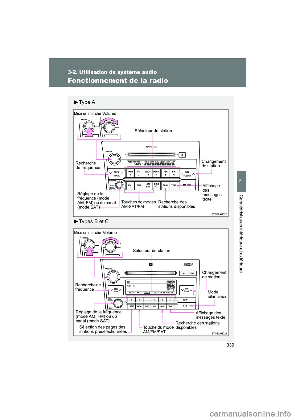 TOYOTA TUNDRA 2011  Manuel du propriétaire (in French) 339
3-2. Utilisation du système audio
3
Caractéristiques intérieure et extérieure
TUNDRA_D_34510D
Fonctionnement de la radio
Ty p e  A
Types B et C
Vo lu m eRecherche des 
stations disponibles
Sé