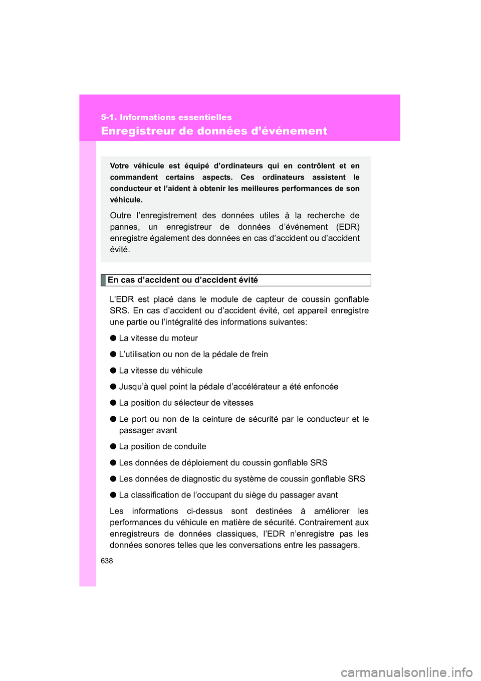 TOYOTA TUNDRA 2011 Manuel du propriétaire (in French) 638
5-1. Informations essentielles
TUNDRA_D_34510D
Enregistreur de données d’événement
En cas d’accident ou d’accident évitéL’EDR est placé dans le module de capteur de coussin gonflable TOYOTA TUNDRA 2011 Manuel du propriétaire (in French) 638
5-1. Informations essentielles
TUNDRA_D_34510D
Enregistreur de données d’événement
En cas d’accident ou d’accident évitéL’EDR est placé dans le module de capteur de coussin gonflable