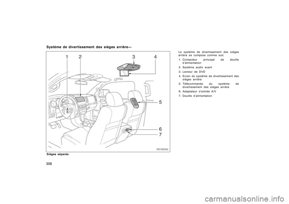 TOYOTA TUNDRA 2008 Manuel du propriétaire (in French) 308Sièges séparésLe système de divertissement des si
èges
arrière se compose comme suit.
1 . Contacteur principal de douille
d’alimentation
2. Système audio avant
3. Lecteur de DVD
4. Ecran d TOYOTA TUNDRA 2008 Manuel du propriétaire (in French) 308Sièges séparésLe système de divertissement des si
èges
arrière se compose comme suit.
1 . Contacteur principal de douille
d’alimentation
2. Système audio avant
3. Lecteur de DVD
4. Ecran d
