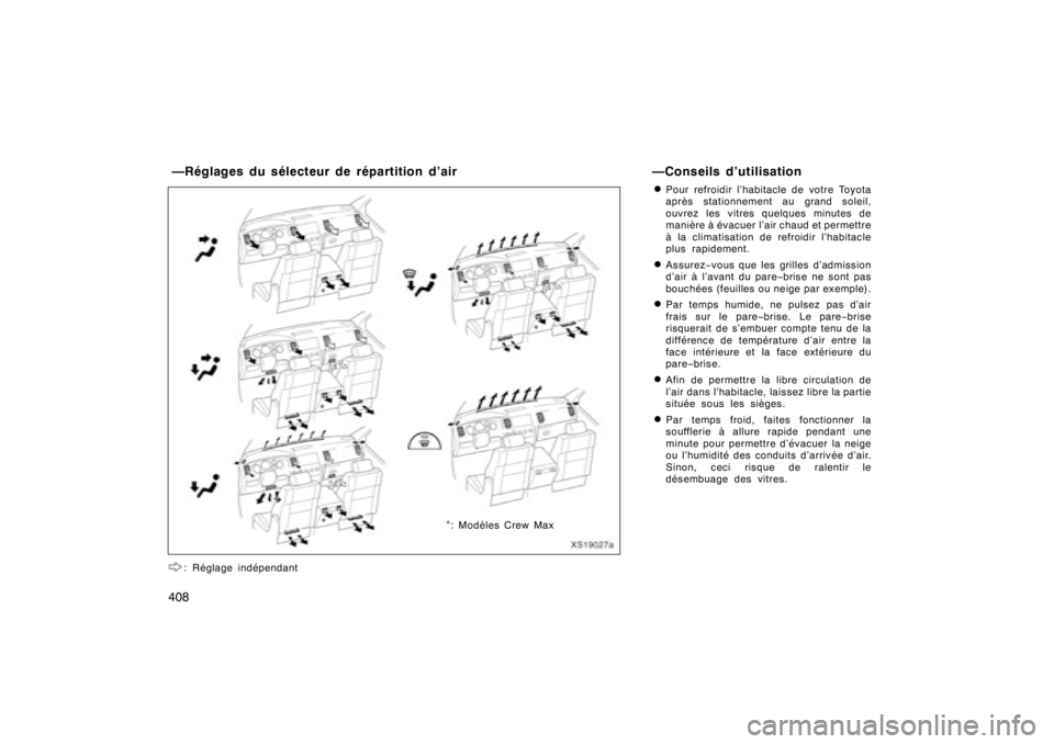 TOYOTA TUNDRA 2008  Manuel du propriétaire (in French) 408
: Réglage indépendant
DPour refroidir l’habitacle de votre Toyota
après stationnement au grand soleil,
ouvrez les vitres quelques minutes de
manière à évacuer l’air chaud et permettre
à