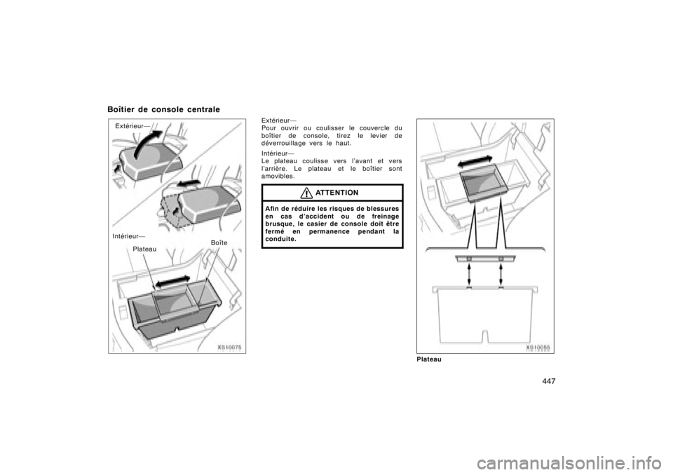 TOYOTA TUNDRA 2008 Manuel du propriétaire (in French) 447
Boîtier de console centrale
XS10075
Intérieur—
Extérieur—
Plateau BoîteExtérieur—
Pour ouvrir ou coulisser le couvercle du
boîtier de console, tirez le levier de
déverrouillage vers l TOYOTA TUNDRA 2008 Manuel du propriétaire (in French) 447
Boîtier de console centrale
XS10075
Intérieur—
Extérieur—
Plateau BoîteExtérieur—
Pour ouvrir ou coulisser le couvercle du
boîtier de console, tirez le levier de
déverrouillage vers l