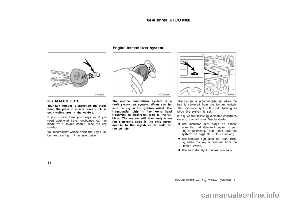 TOYOTA 4RUNNER 2004 N210 / 4.G Owners Manual ’04 4Runner_U (L/O 0308)
14
2004 4RUNNER from Aug. ’03 Prod. (OM35811U)
KEY NUMBER PLATE
Your key number is shown on the plate.
Keep the plate in a safe place such as
your wallet, not in the vehic