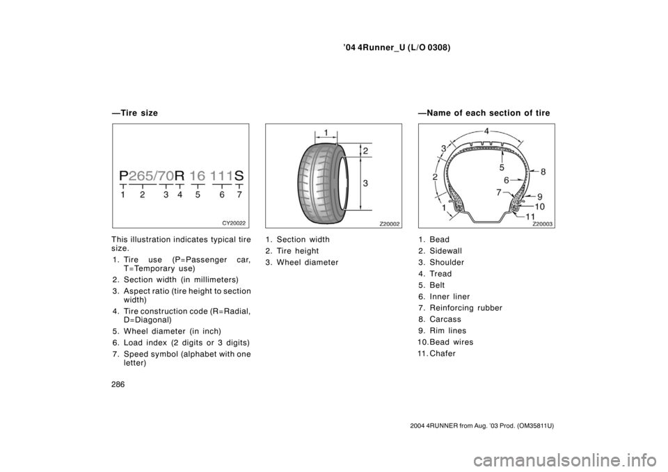 TOYOTA 4RUNNER 2004 N210 / 4.G Owners Manual ’04 4Runner_U (L/O 0308)
286
2004 4RUNNER from Aug. ’03 Prod. (OM35811U)
This illustration indicates typical tire
size.
1. Tire use (P=Passenger car, T=Temporary use)
2. Section width (in millimet