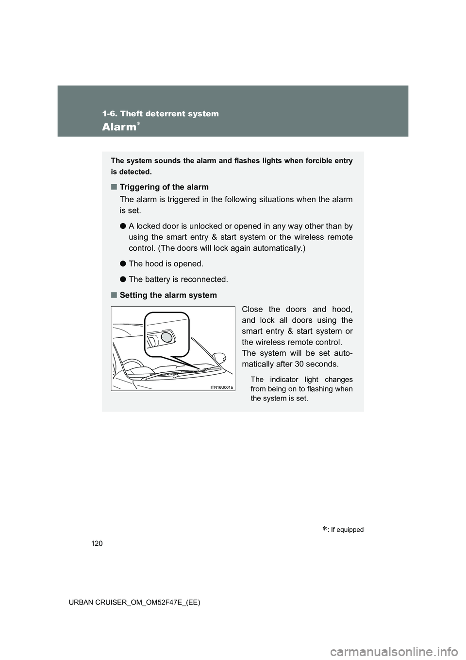 TOYOTA URBAN CRUISER 2015  Owners Manual 120
1-6. Theft deterrent system
URBAN CRUISER_OM_OM52F47E_(EE)
Alarm∗
∗: If equipped
The system sounds the alarm and flashes lights when forcible entry
is detected.
■Triggering of the alarm
The 