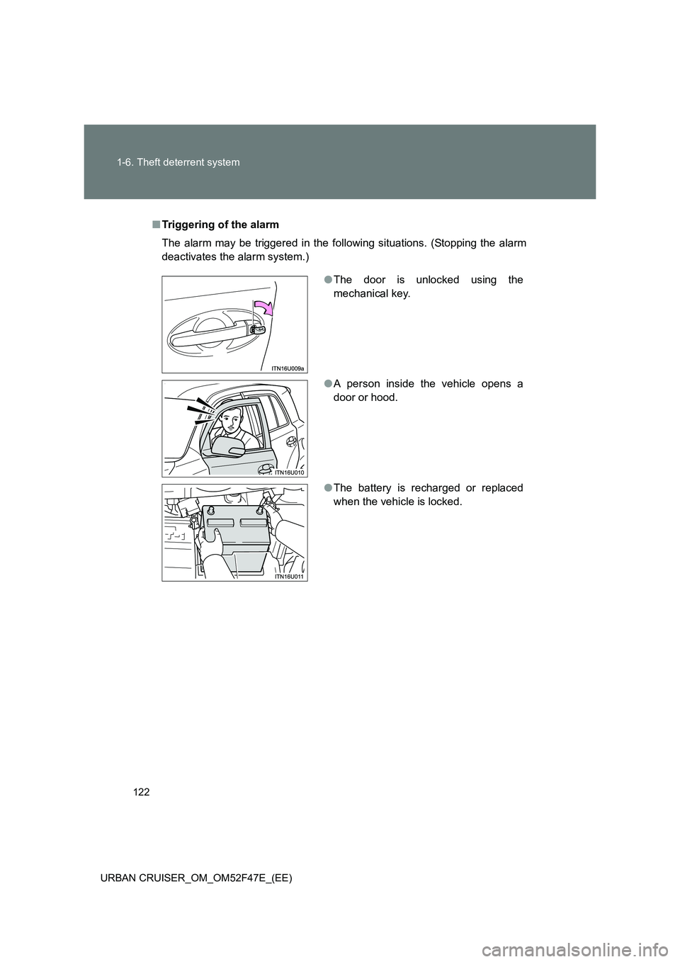 TOYOTA URBAN CRUISER 2015 Owners Manual 122
1-6. Theft deterrent system
URBAN CRUISER_OM_OM52F47E_(EE)
■ Triggering of the alarm
The alarm may be triggered in the following situations. (Stopping the alarm
deactivates the alarm system.)
TOYOTA URBAN CRUISER 2015 Owners Manual 122
1-6. Theft deterrent system
URBAN CRUISER_OM_OM52F47E_(EE)
■ Triggering of the alarm
The alarm may be triggered in the following situations. (Stopping the alarm
deactivates the alarm system.)