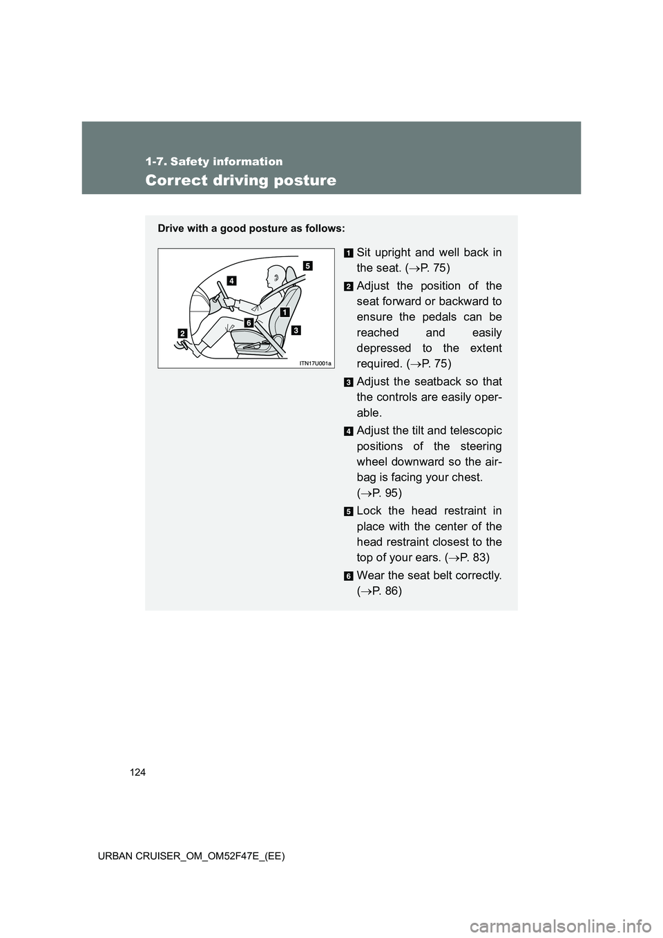 TOYOTA URBAN CRUISER 2015 Owners Manual 124
URBAN CRUISER_OM_OM52F47E_(EE)
1-7. Safety information
Correct driving posture
Drive with a good posture as follows:
Sit upright and well back in
the seat. ( →P. 7 5 )
Adjust the position of th TOYOTA URBAN CRUISER 2015 Owners Manual 124
URBAN CRUISER_OM_OM52F47E_(EE)
1-7. Safety information
Correct driving posture
Drive with a good posture as follows:
Sit upright and well back in
the seat. ( →P. 7 5 )
Adjust the position of th