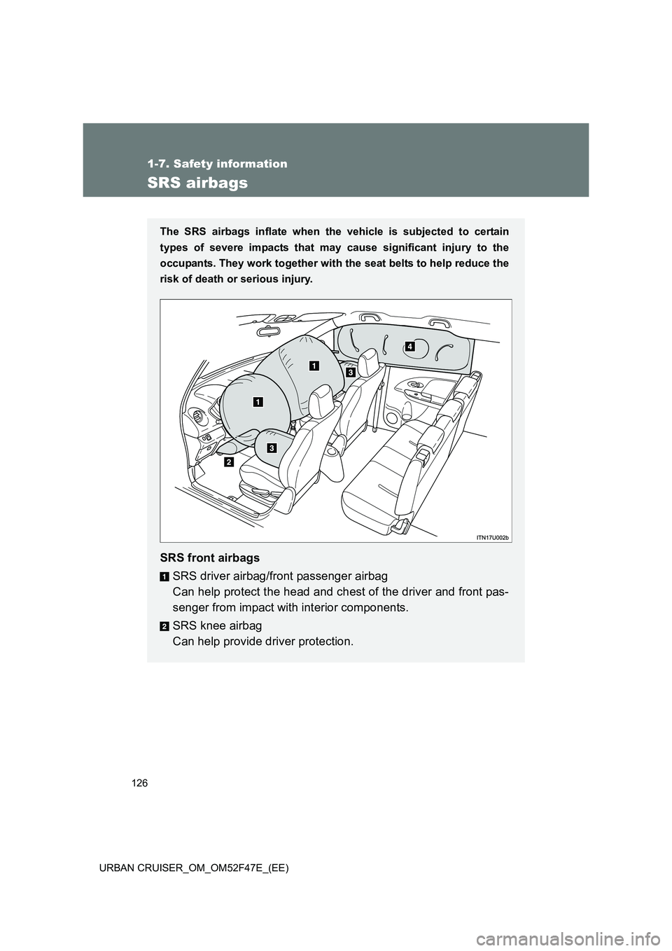 TOYOTA URBAN CRUISER 2015 Owners Manual 126
1-7. Safety information
URBAN CRUISER_OM_OM52F47E_(EE)
SRS airbags
The SRS airbags inflate when the vehicle is subjected to certain
types of severe impacts that may cause significant injury to the TOYOTA URBAN CRUISER 2015 Owners Manual 126
1-7. Safety information
URBAN CRUISER_OM_OM52F47E_(EE)
SRS airbags
The SRS airbags inflate when the vehicle is subjected to certain
types of severe impacts that may cause significant injury to the