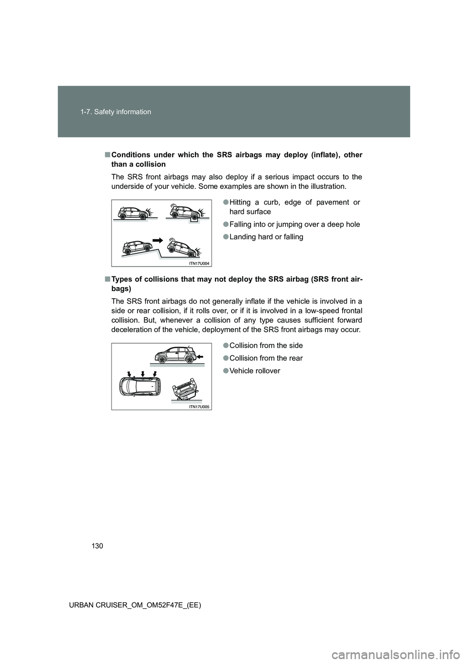 TOYOTA URBAN CRUISER 2015 Owners Manual 130
1-7. Safety information
URBAN CRUISER_OM_OM52F47E_(EE)
■ Conditions under which the SRS airbags may deploy (inflate), other
than a collision
The SRS front airbags may also deploy if a serious im TOYOTA URBAN CRUISER 2015 Owners Manual 130
1-7. Safety information
URBAN CRUISER_OM_OM52F47E_(EE)
■ Conditions under which the SRS airbags may deploy (inflate), other
than a collision
The SRS front airbags may also deploy if a serious im