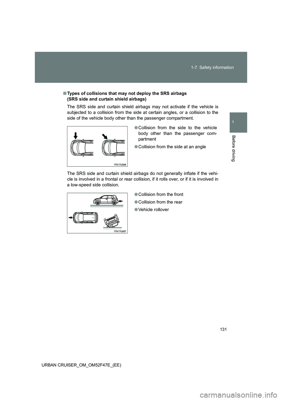 TOYOTA URBAN CRUISER 2015 Owners Manual 131
1-7. Safety information
1
Before driving
URBAN CRUISER_OM_OM52F47E_(EE)
■
Types of collisions that may not deploy the SRS airbags
(SRS side and curtain shield airbags)
The SRS side and curtain TOYOTA URBAN CRUISER 2015 Owners Manual 131
1-7. Safety information
1
Before driving
URBAN CRUISER_OM_OM52F47E_(EE)
■
Types of collisions that may not deploy the SRS airbags
(SRS side and curtain shield airbags)
The SRS side and curtain
