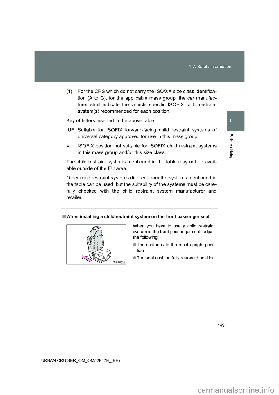 TOYOTA URBAN CRUISER 2015 Owners Manual 149
1-7. Safety information
1
Before driving
URBAN CRUISER_OM_OM52F47E_(EE)
(1) For the CRS which do not carry the ISO/XX size class identifica-
tion (A to G), for the applicable mass group, the car m TOYOTA URBAN CRUISER 2015 Owners Manual 149
1-7. Safety information
1
Before driving
URBAN CRUISER_OM_OM52F47E_(EE)
(1) For the CRS which do not carry the ISO/XX size class identifica-
tion (A to G), for the applicable mass group, the car m