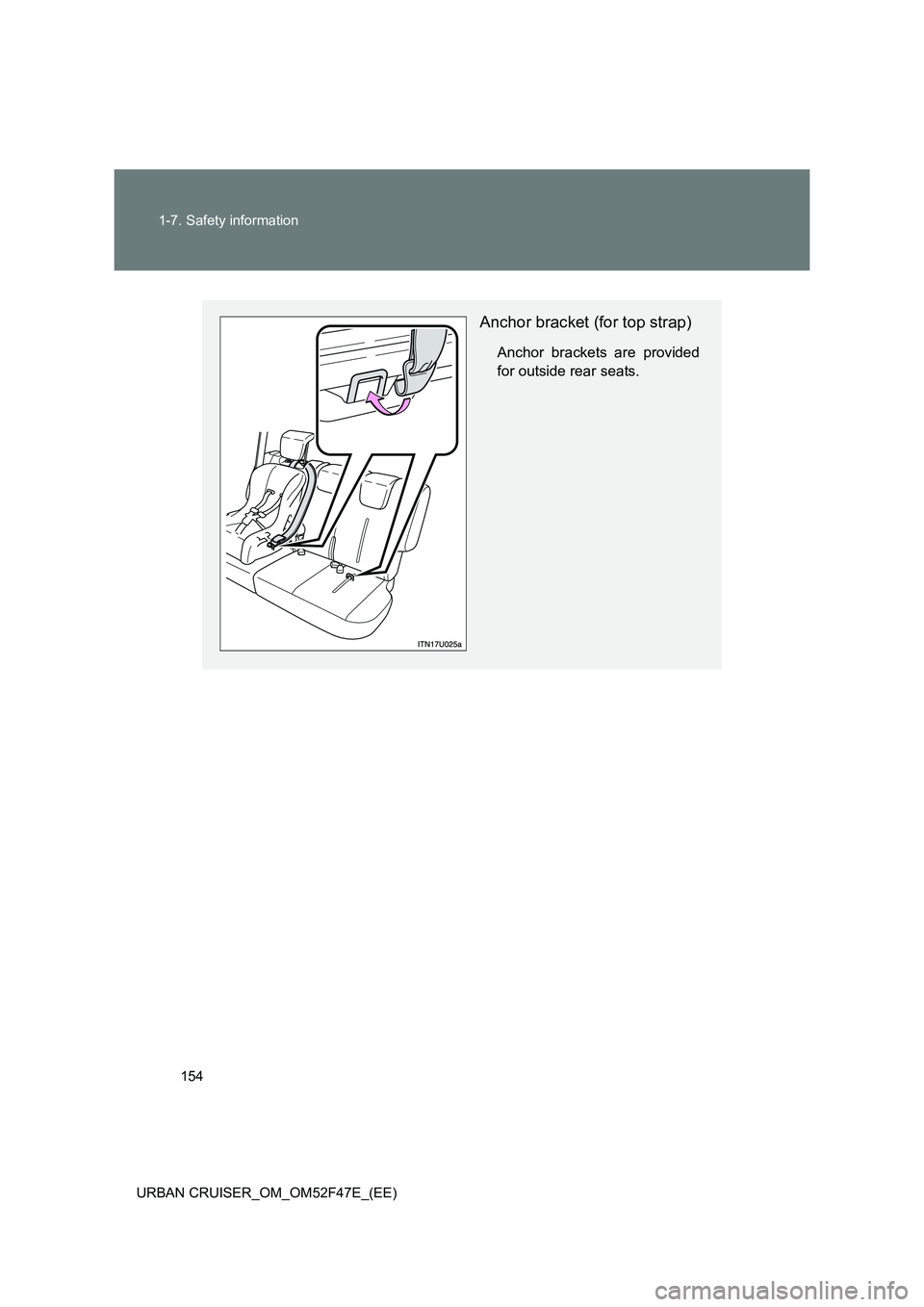 TOYOTA URBAN CRUISER 2015  Owners Manual 154
1-7. Safety information
URBAN CRUISER_OM_OM52F47E_(EE)
Anchor bracket (for top strap)
Anchor brackets are provided
for outside rear seats. 