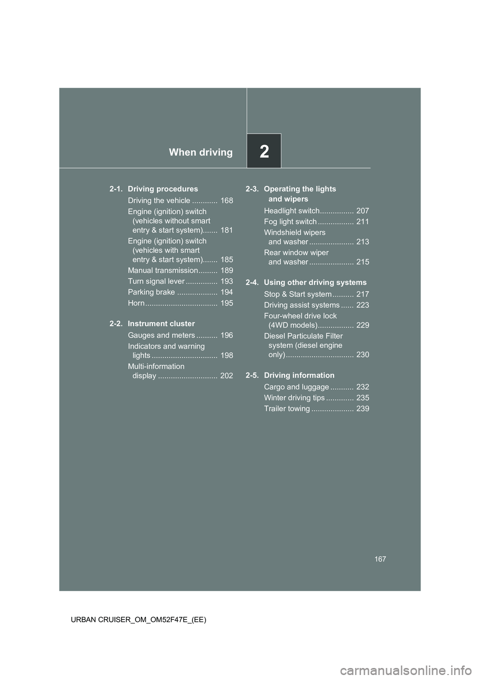 TOYOTA URBAN CRUISER 2015  Owners Manual 2When driving
167
URBAN CRUISER_OM_OM52F47E_(EE)
2-1. Driving procedures Driving the vehicle ............  168
Engine (ignition) switch (vehicles without smart 
entry & start system).......  181
Engin