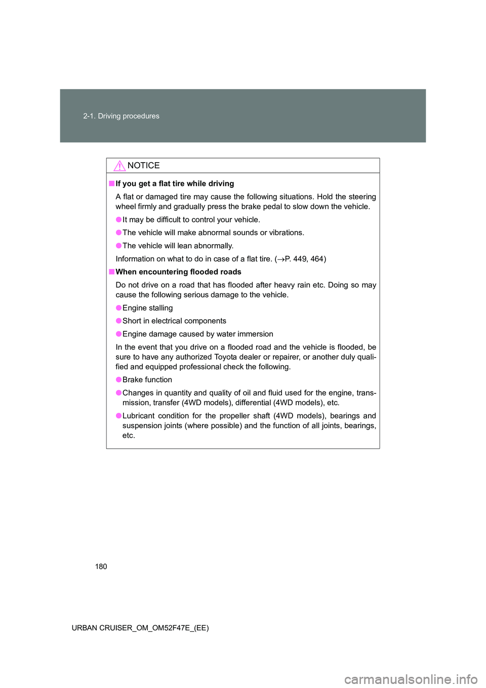 TOYOTA URBAN CRUISER 2015  Owners Manual 180
2-1. Driving procedures
URBAN CRUISER_OM_OM52F47E_(EE)
NOTICE
■ If you get a flat tire while driving
A flat or damaged tire may cause the following situations. Hold the steering
wheel firmly and