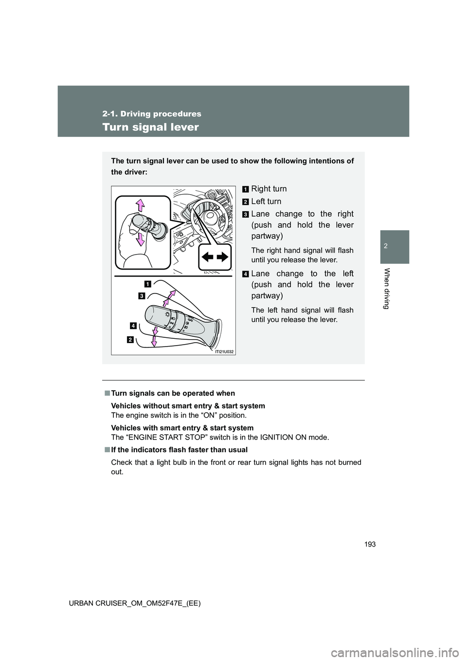 TOYOTA URBAN CRUISER 2015  Owners Manual 193
2-1. Driving procedures
2
When driving
URBAN CRUISER_OM_OM52F47E_(EE)
Tur n signal lever
■Turn signals can be operated when
Vehicles without smart entry & start system
The engine switch is in th