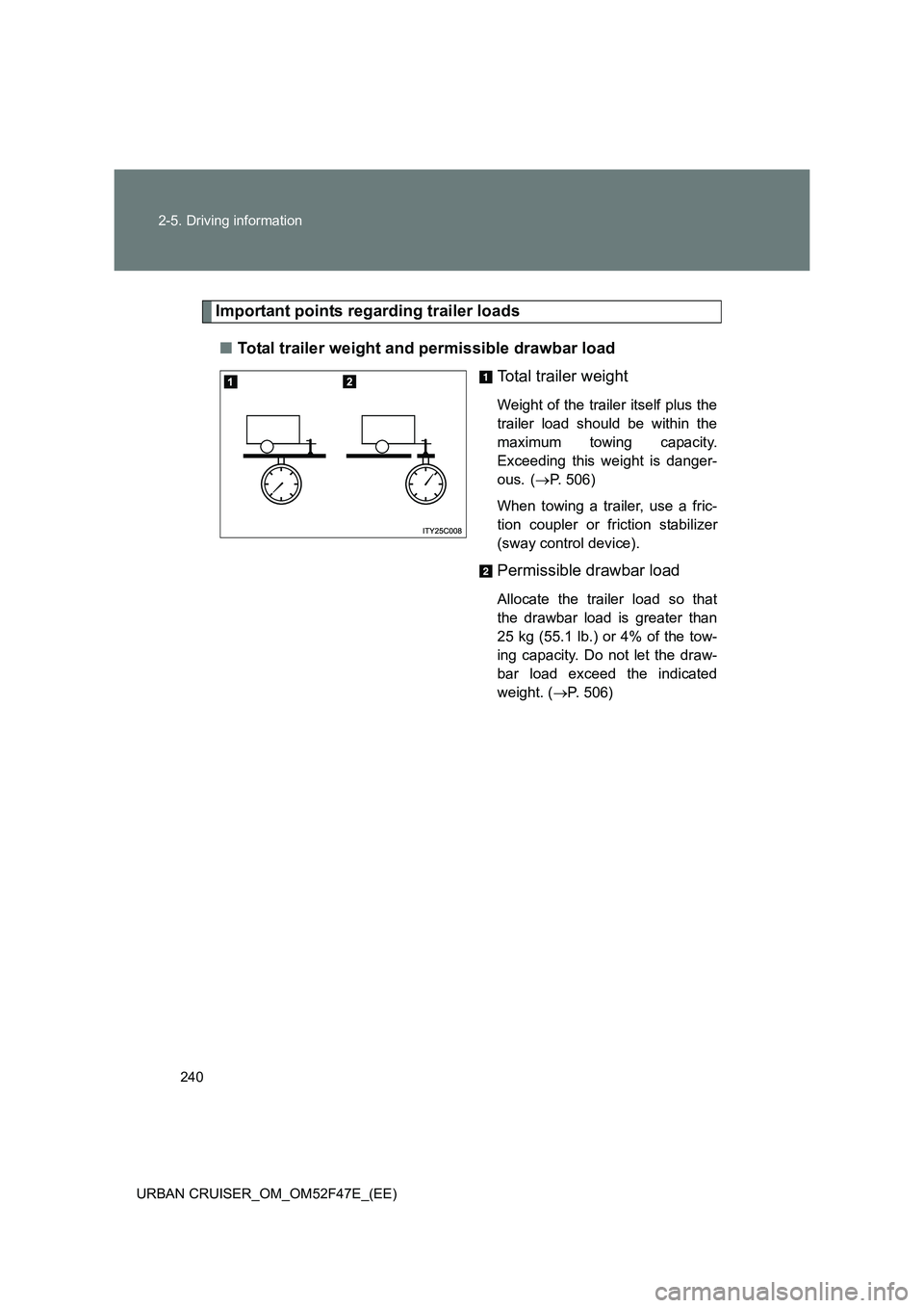 TOYOTA URBAN CRUISER 2015 Owners Manual 240
2-5. Driving information
URBAN CRUISER_OM_OM52F47E_(EE)
Important points regarding trailer loads ■ Total trailer weight and permissible drawbar load
Total trailer weight
Weight of the trailer it TOYOTA URBAN CRUISER 2015 Owners Manual 240
2-5. Driving information
URBAN CRUISER_OM_OM52F47E_(EE)
Important points regarding trailer loads ■ Total trailer weight and permissible drawbar load
Total trailer weight
Weight of the trailer it