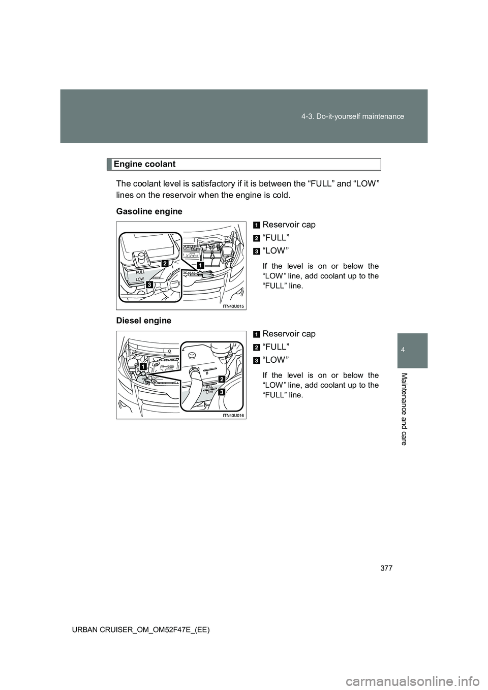 TOYOTA URBAN CRUISER 2015 Owners Manual 377
4-3. Do-it-yourself maintenance
4
Maintenance and care
URBAN CRUISER_OM_OM52F47E_(EE)
Engine coolant
The coolant level is satisfactory if it is between the “FULL” and “LOW ”
lines on the r TOYOTA URBAN CRUISER 2015 Owners Manual 377
4-3. Do-it-yourself maintenance
4
Maintenance and care
URBAN CRUISER_OM_OM52F47E_(EE)
Engine coolant
The coolant level is satisfactory if it is between the “FULL” and “LOW ”
lines on the r
